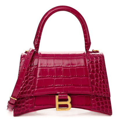 Balenciaga Shiny Calfskin Crocodile Embossed Small Hourglass Top Handle Bag Raspberry 1 of 10
