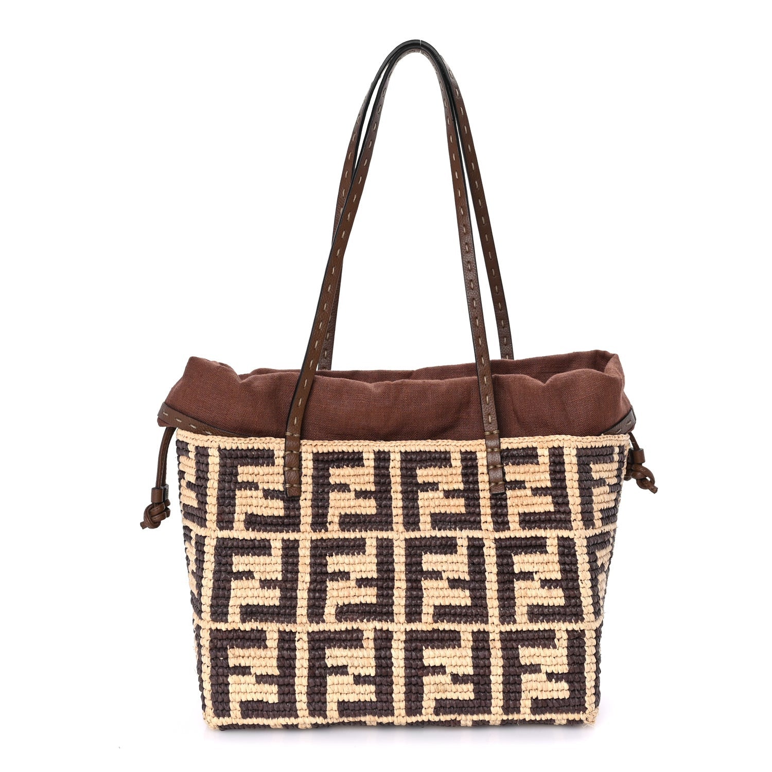 Fendi Raffia Cuoio Romano FF Crochet Small Roll Shopper Natural Dark Honey 1 of 7
