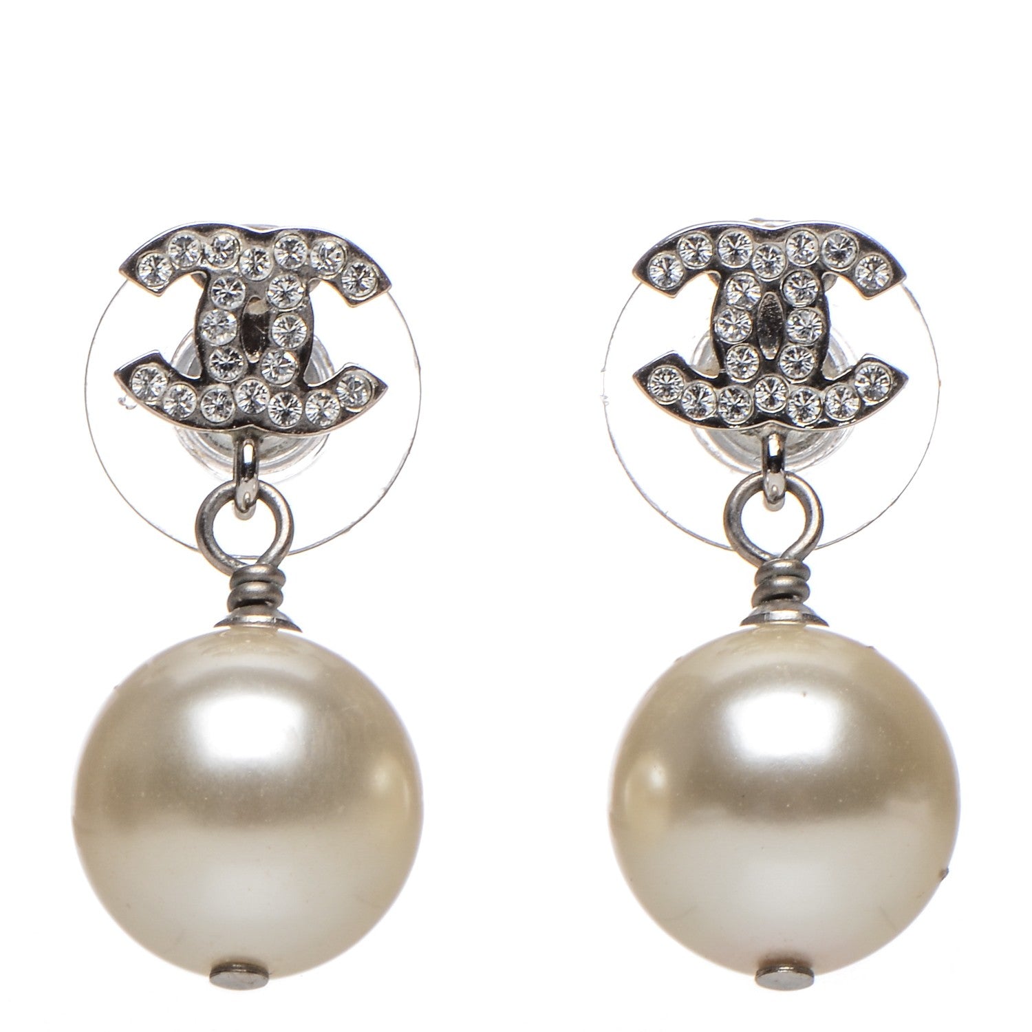 Chanel Crystal Pearl CC Drop Earrings Silver 1 of 4