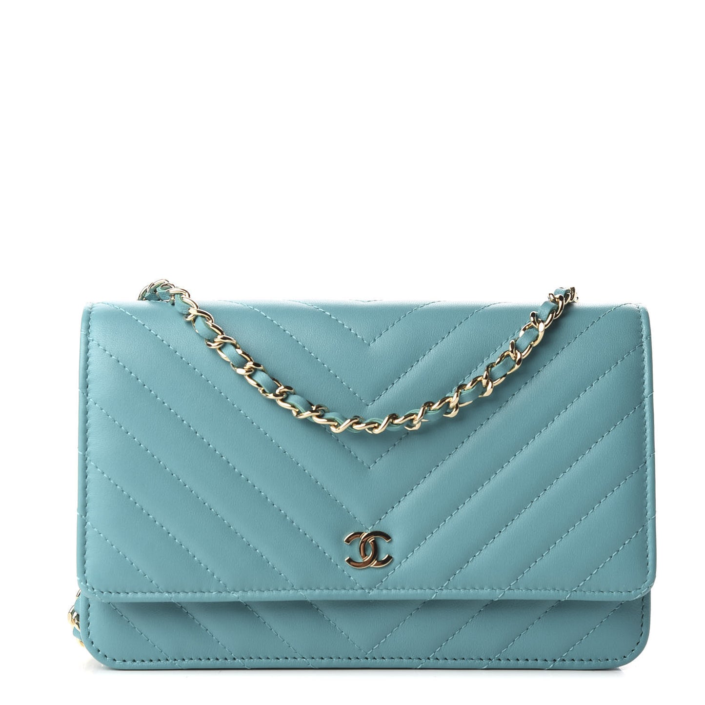 Lambskin Chevron Quilted Wallet On Chain WOC Turquoise