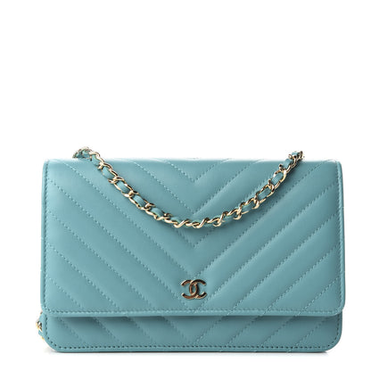 Chanel Lambskin Chevron Quilted Wallet On Chain WOC Turquoise 1 of 10