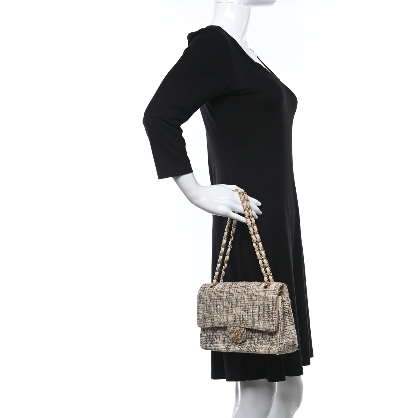 Tweed Quilted Medium Double Flap Beige Brown Multicolor