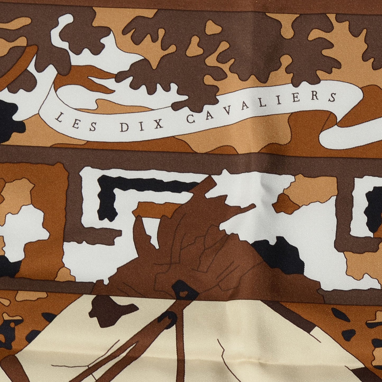 Silk Les Dix Cavaliers Scarf 90 Chocolate Beige Dore Blanc