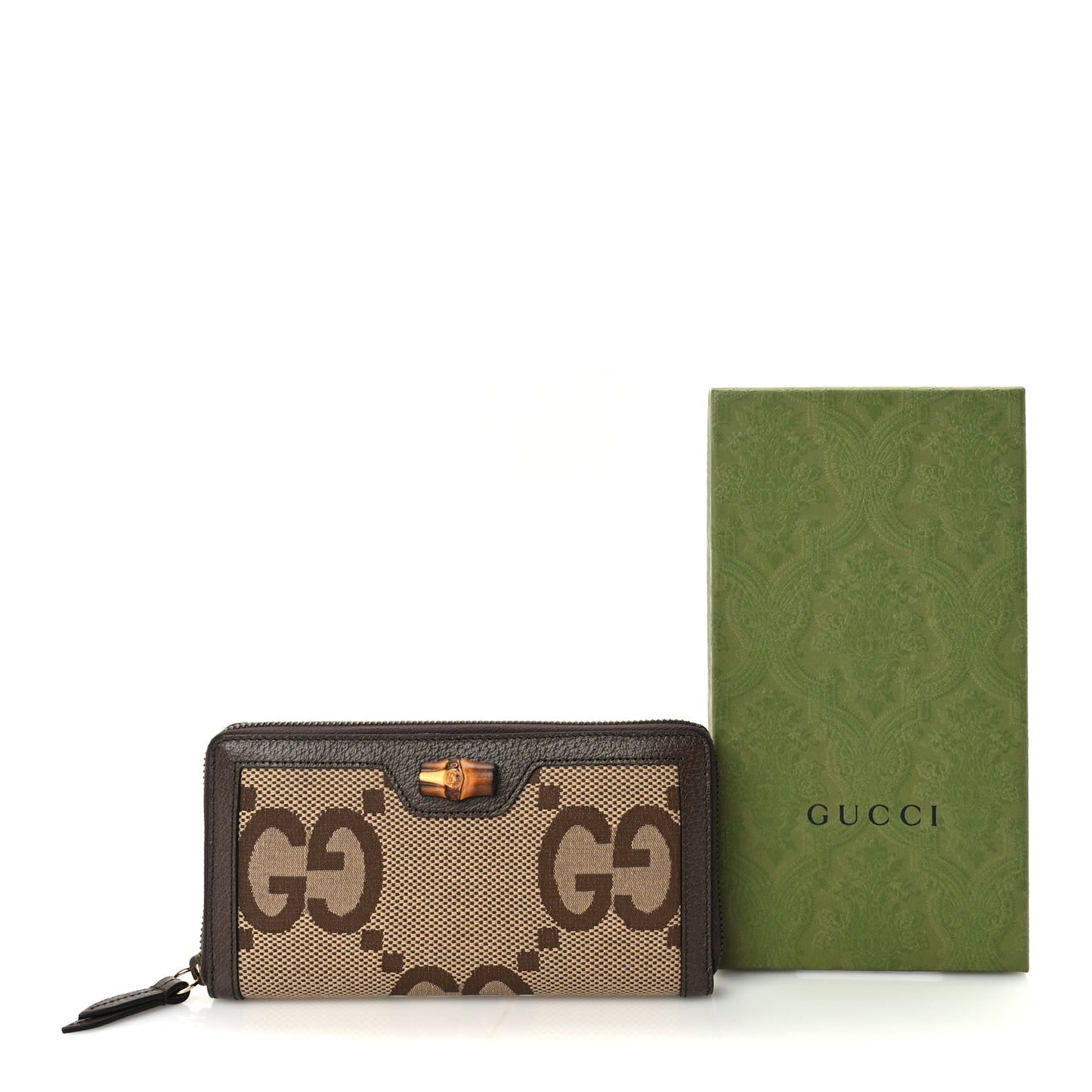 Monogram Jumbo GG Textured Dollar Calfskin Diana Zip Around Continental Wallet Camel Ebony New Acero