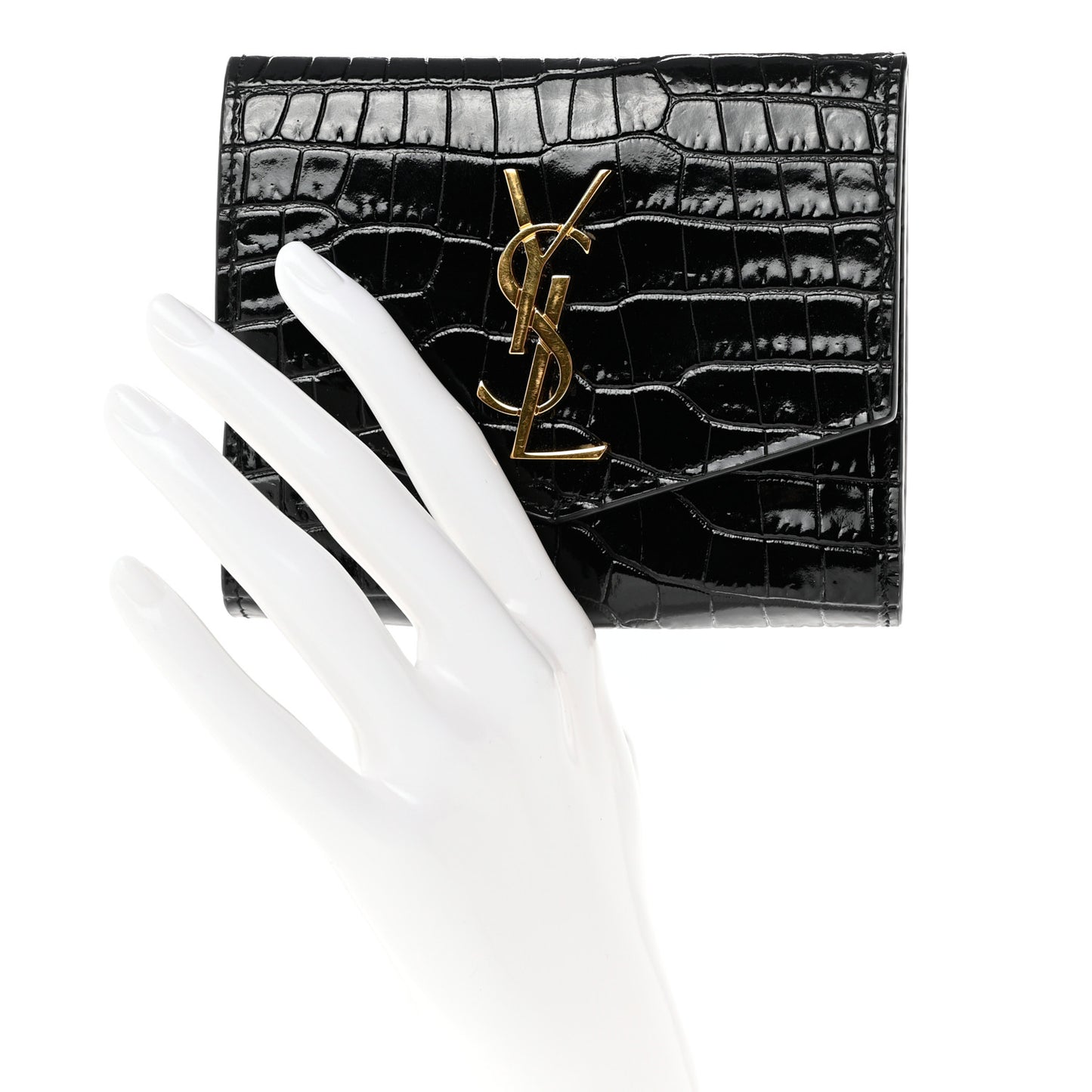 Shiny Calfskin Crocodile Embossed Monogram Uptown Compact Wallet Black