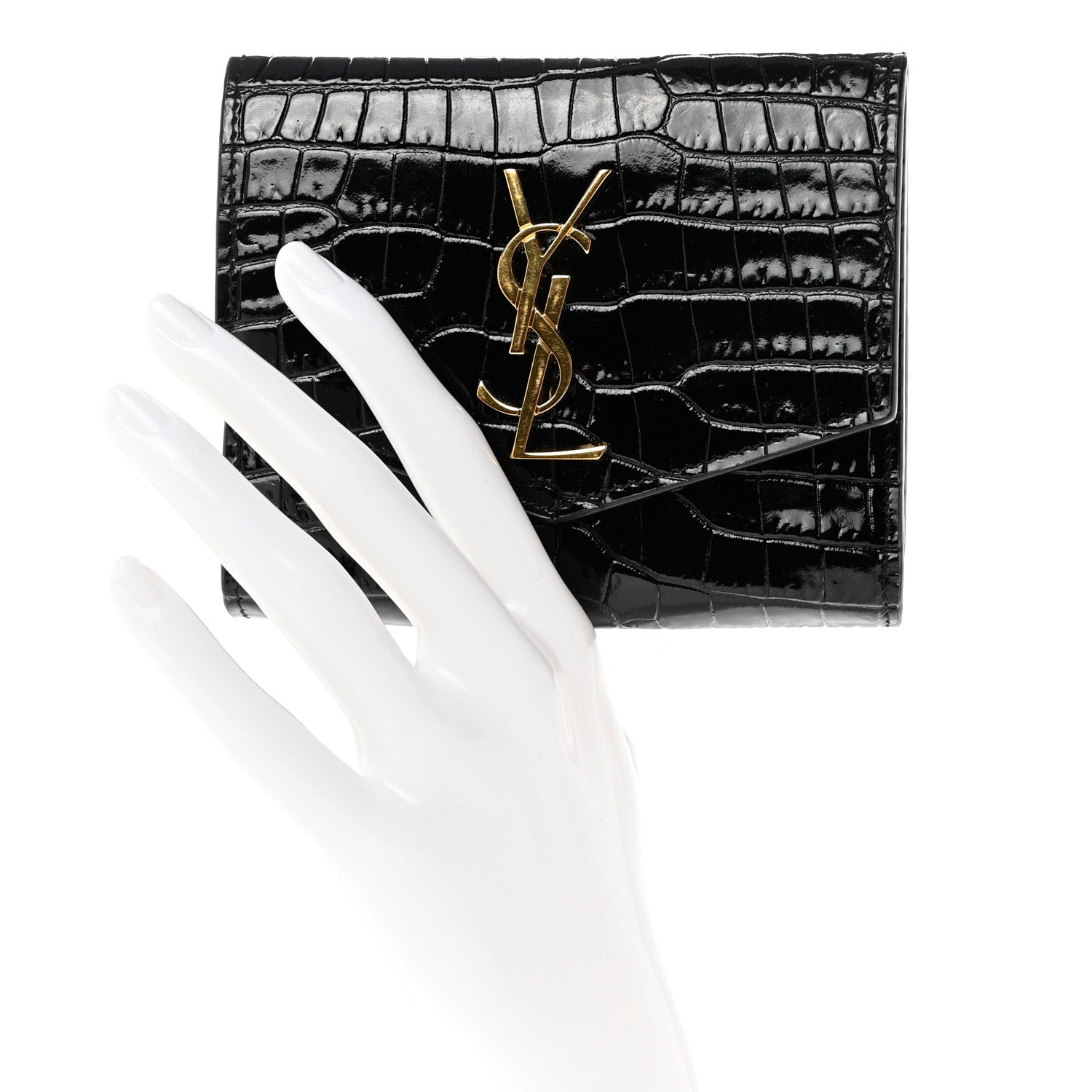 Saint Laurent Shiny Calfskin Crocodile Embossed Monogram Uptown Compact Wallet Black 2 of 7