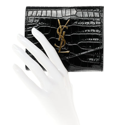 Saint Laurent Shiny Calfskin Crocodile Embossed Monogram Uptown Compact Wallet Black 2 of 7