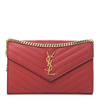Saint Laurent Grain De Poudre Matelasse Chevron Monogram Chain Wallet New Red 1 of 7