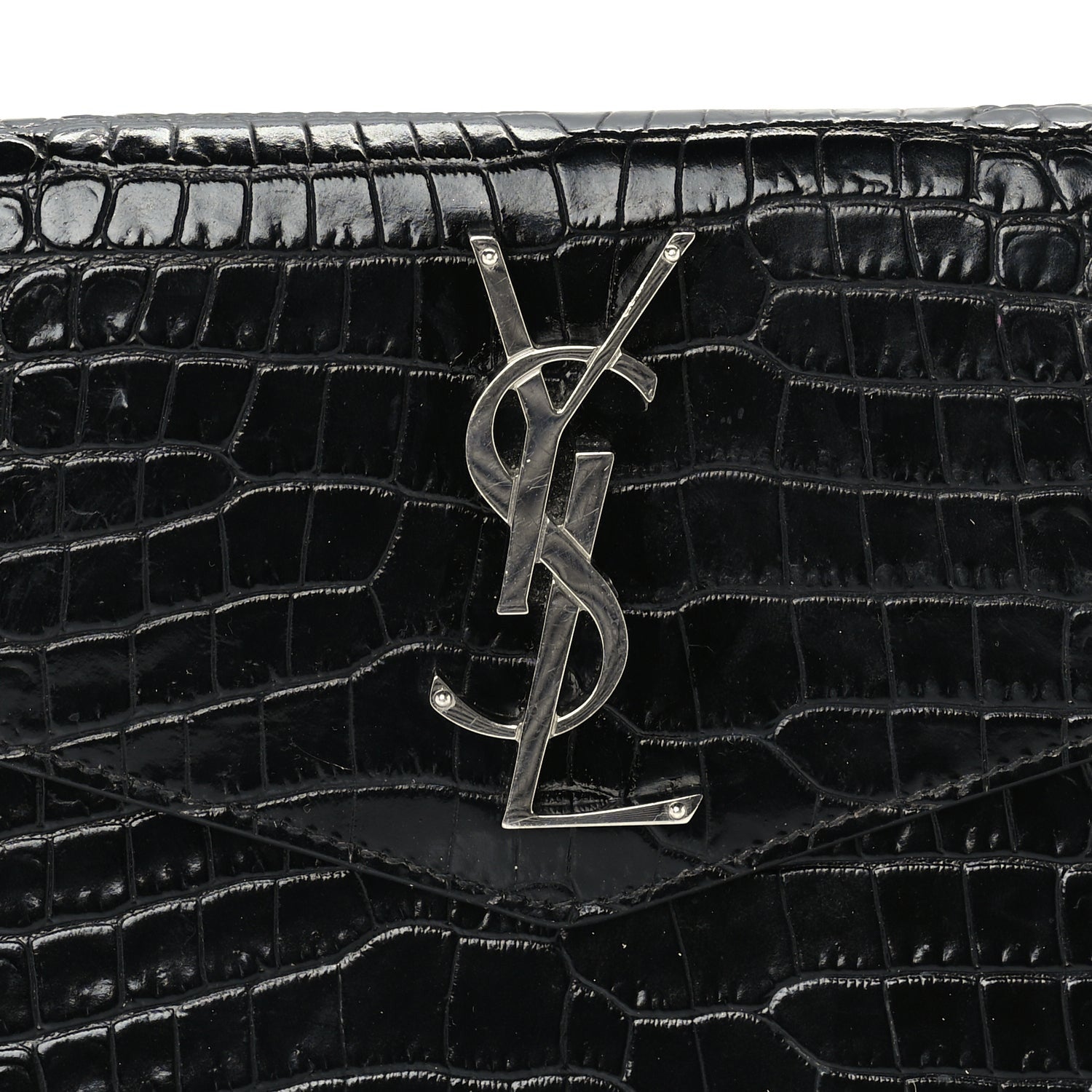 Saint Laurent Calfskin Crocodile Embossed Uptown Monogram Pouch Black 2 of 7