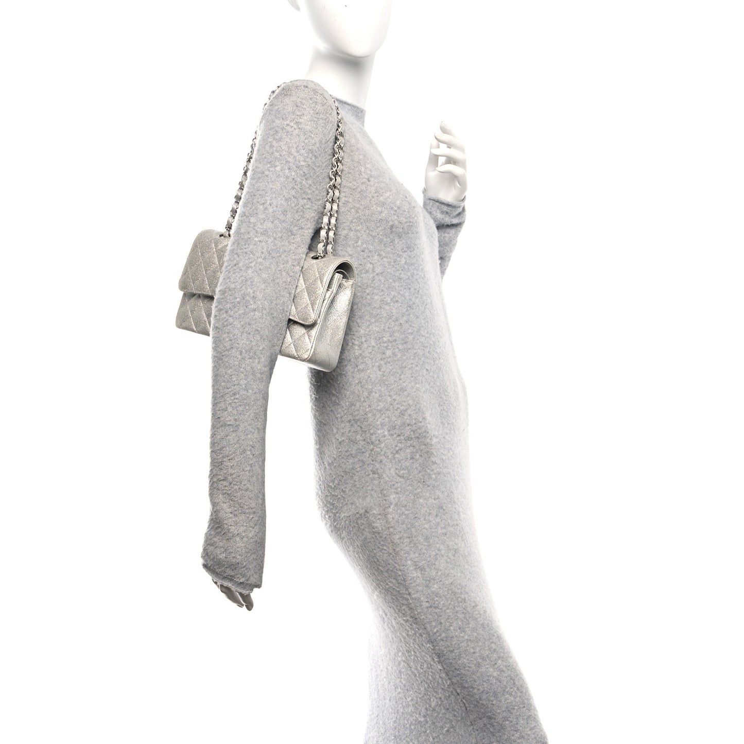 Glittered Metallic Caviar Quilted Medium Double Flap Silver