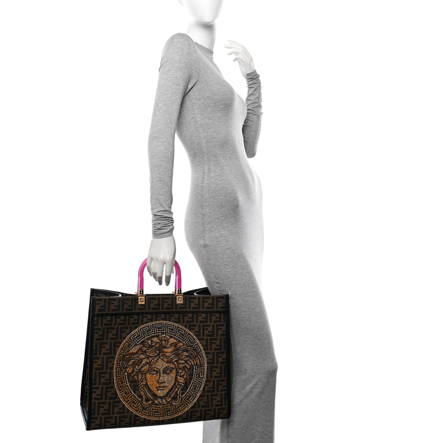 X VERSACE Fabric Jacquard Calfskin Plexiglass Fendace FF Medusa Studded Large Fendi Sunshine Shopper Tote Marrone Fuxia