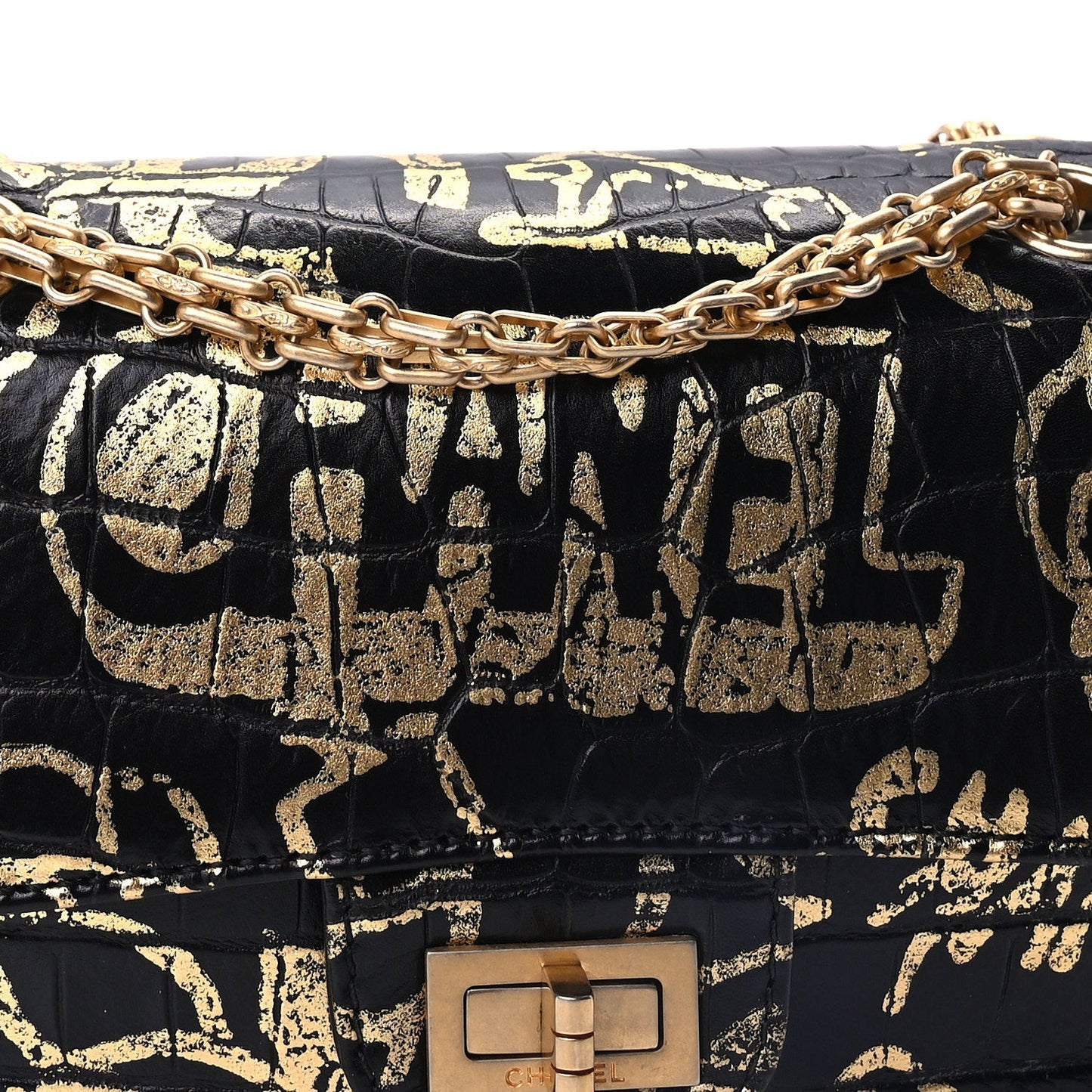 Calfskin Crocodile Embossed Graffiti 2.55 Mini Cocodile Reissue Flap  Black Gold