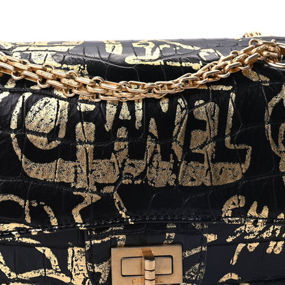 Chanel Calfskin Crocodile Embossed Graffiti 2.55 Mini Cocodile Reissue Flap  Black Gold 6 of 8
