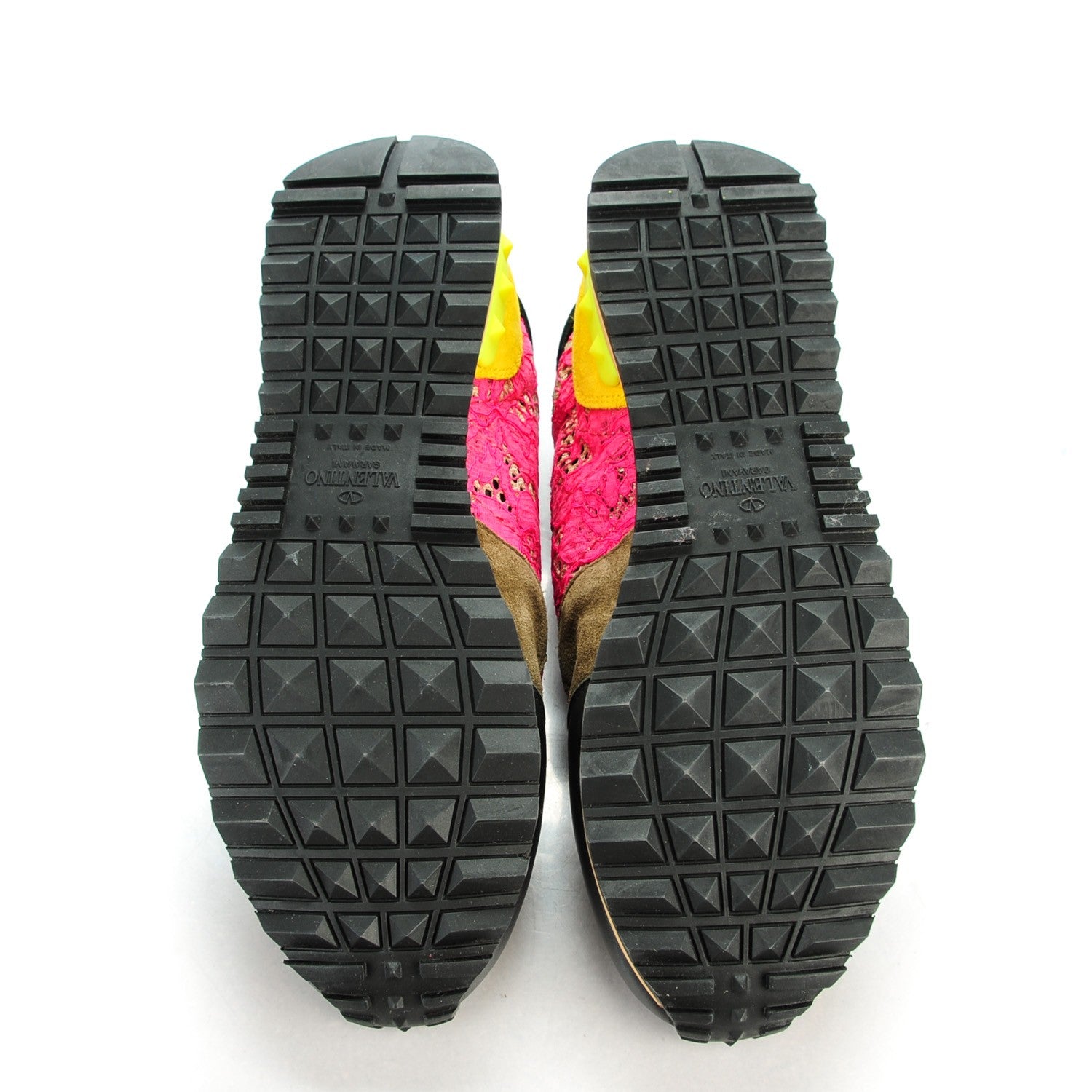Valentino Garavani Macrame Lace Suede Womens Rockrunner Sneakers 37 Fuchsia Yellow 5 of 8