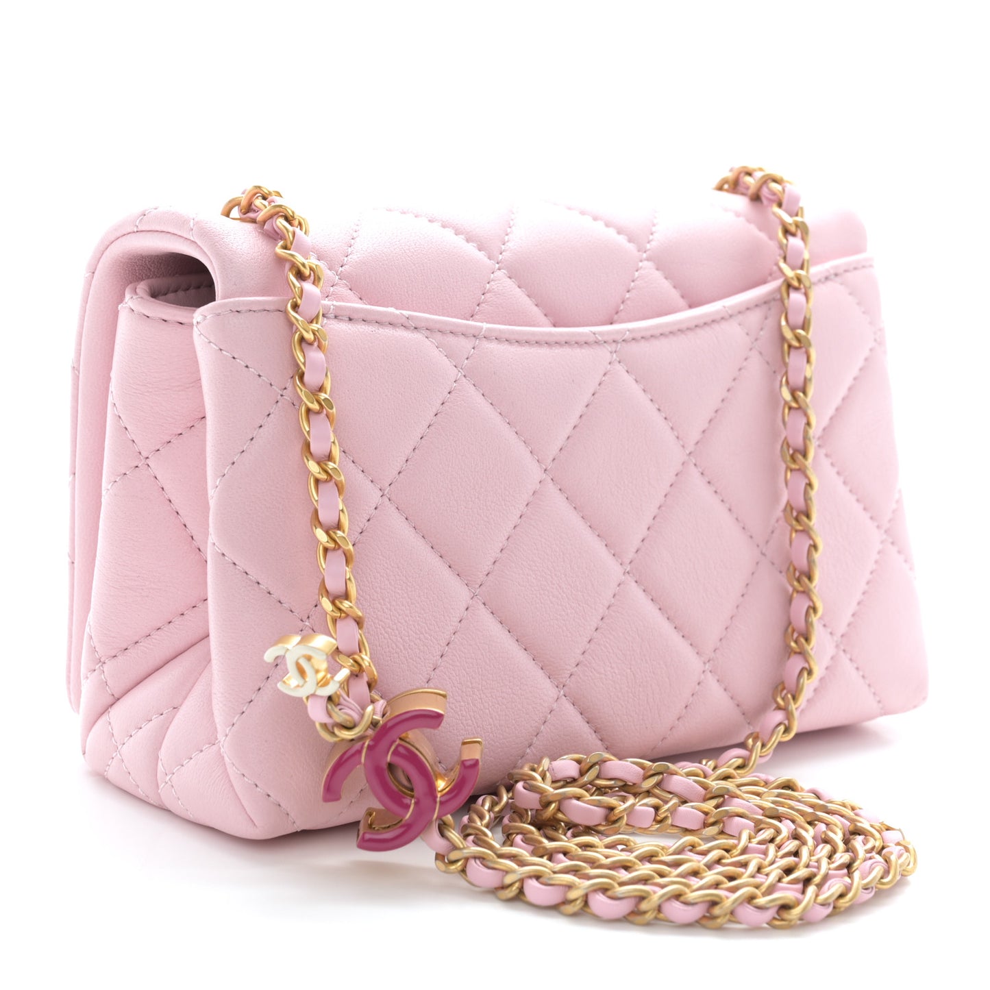 Shiny Lambskin Quilted Enamel CC Mini Flap Light Pink