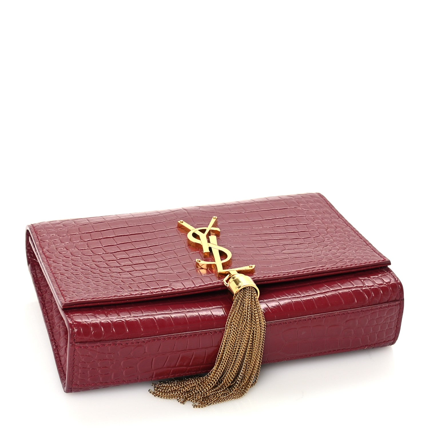 Saint Laurent Calfskin Crocodile Embossed Small Classic Monogram Kate Tassel Satchel Amaretto 3 of 8