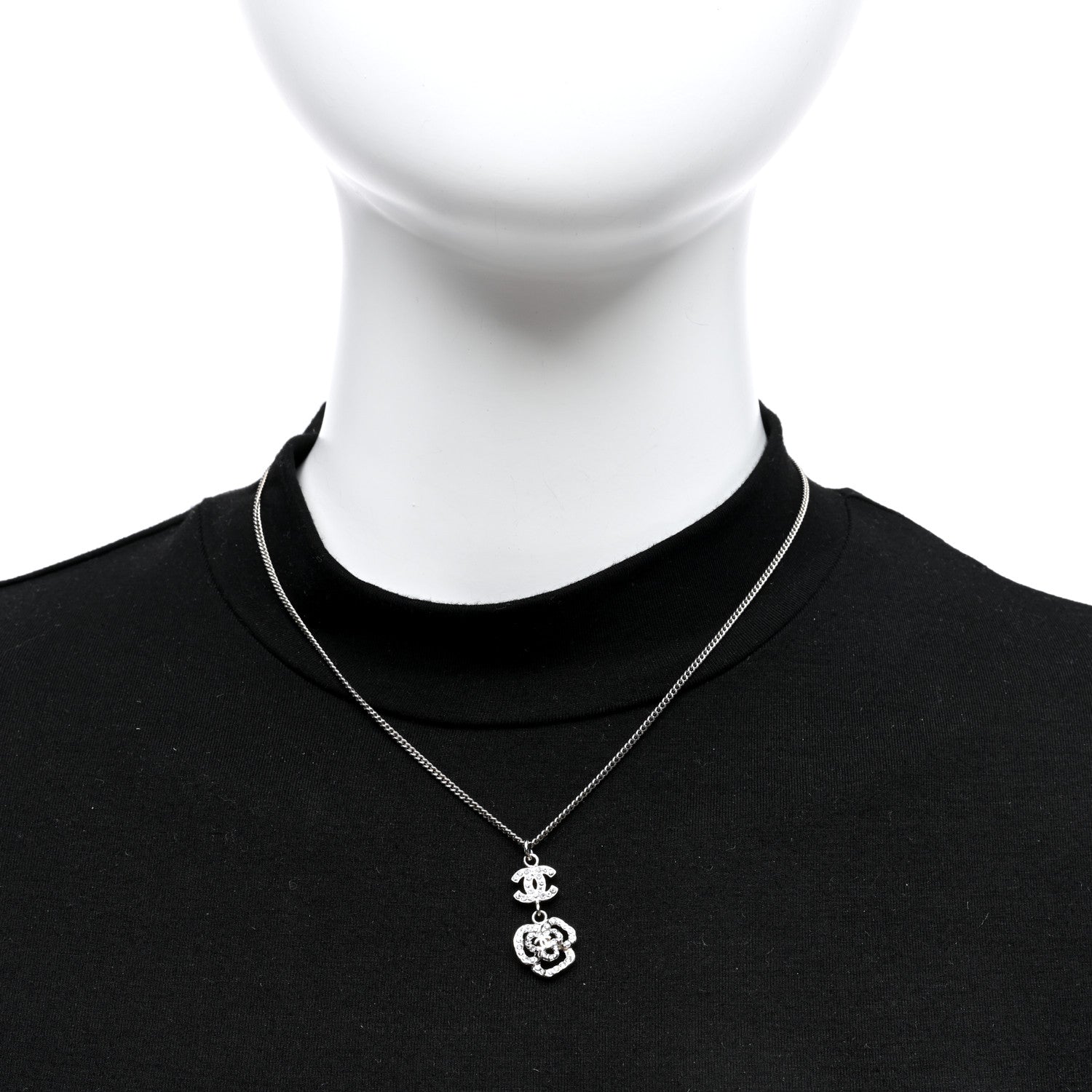 Chanel Crystal CC Camellia Necklace Silver 2 of 4