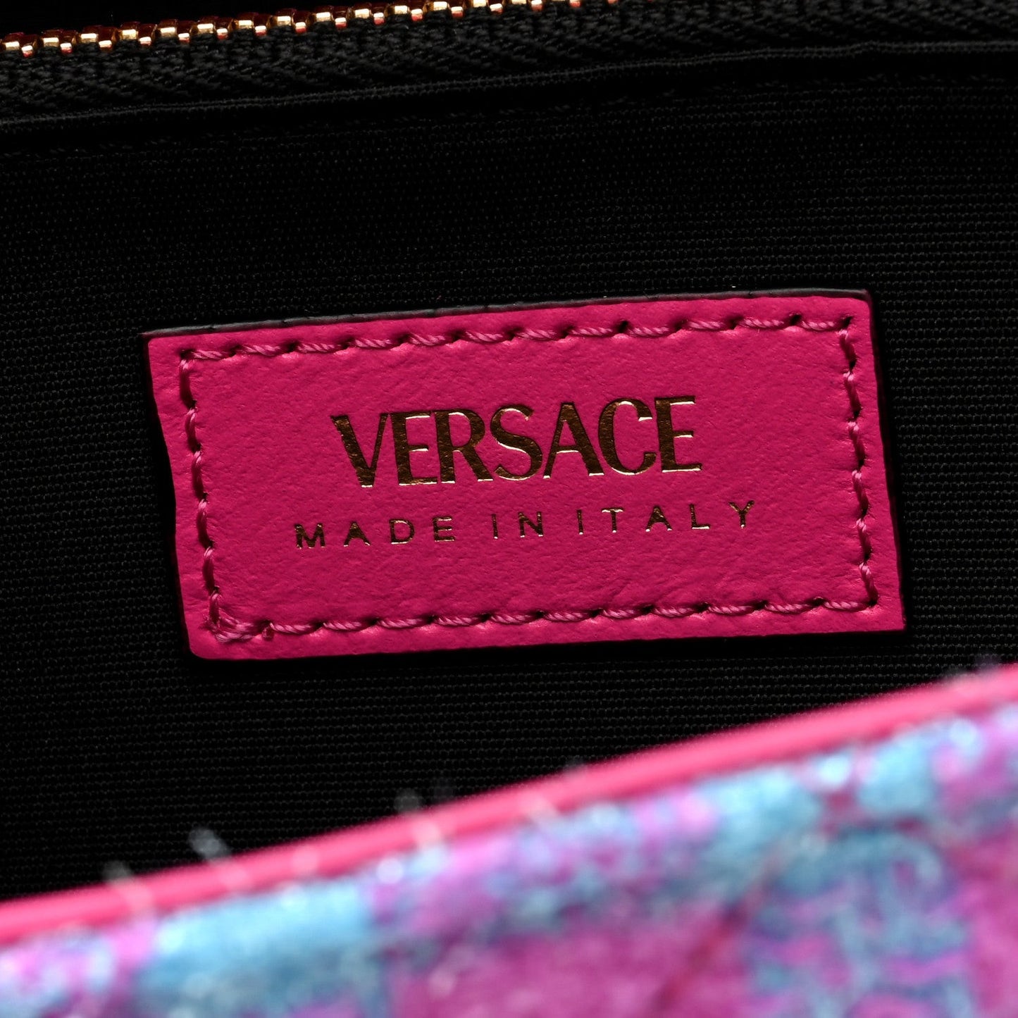 Tweed Quilted Medusa Wallet on Chain Crossbody Pink Blue