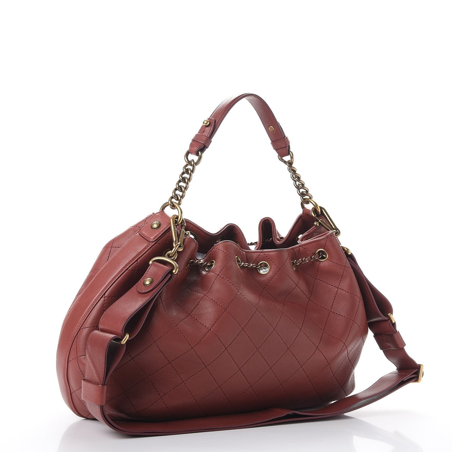 Calfskin Stitched Large Drawstring CC Bag Burgundy