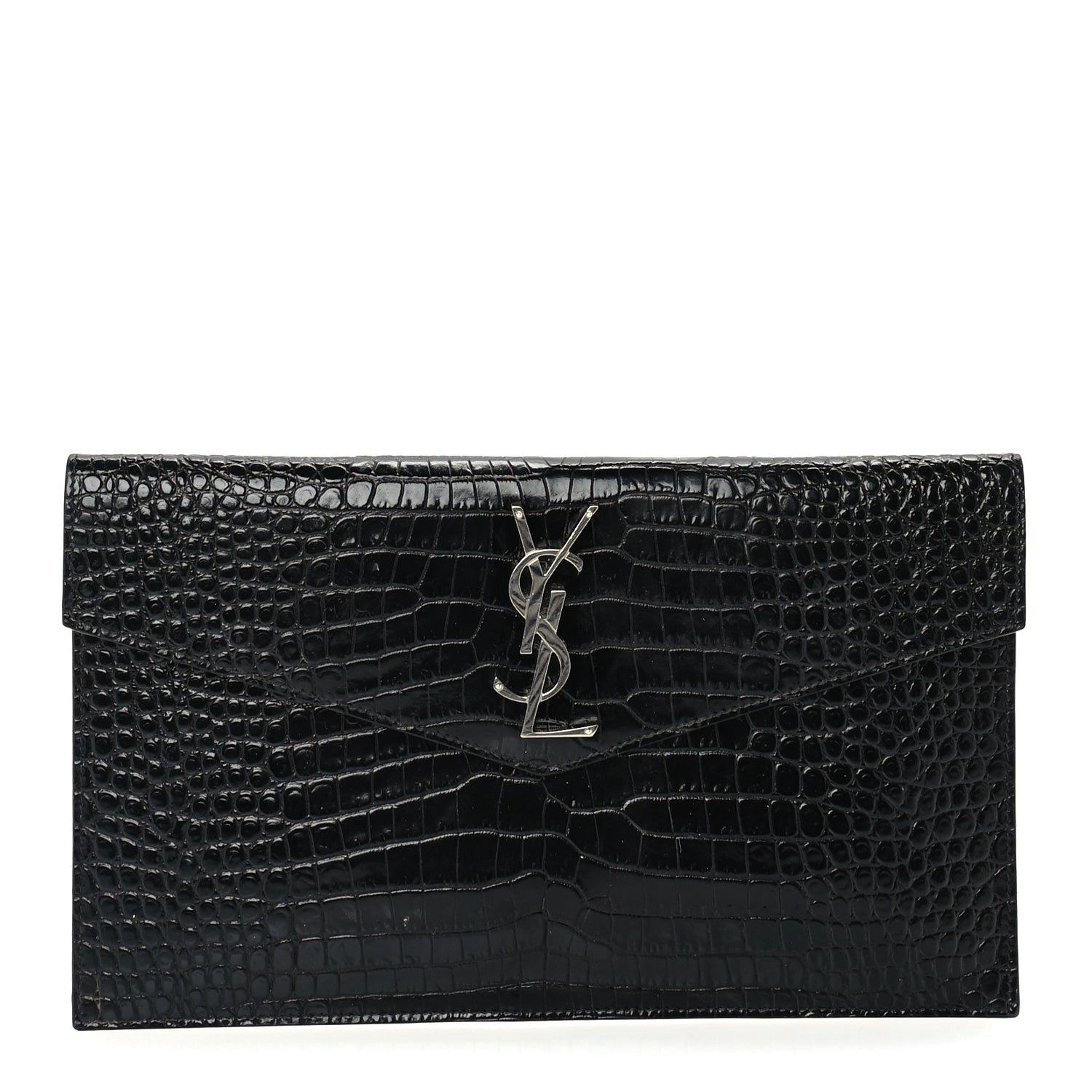 Saint Laurent Calfskin Crocodile Embossed Uptown Monogram Pouch Black 1 of 7