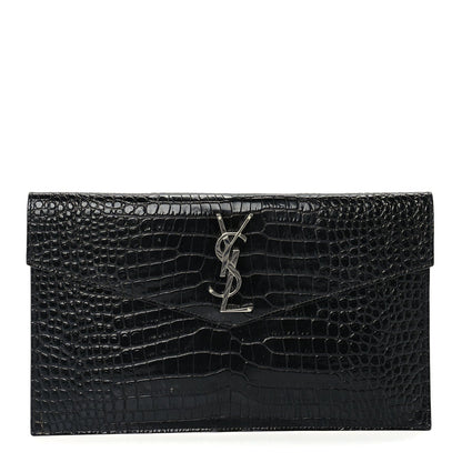 Saint Laurent Calfskin Crocodile Embossed Uptown Monogram Pouch Black 1 of 7
