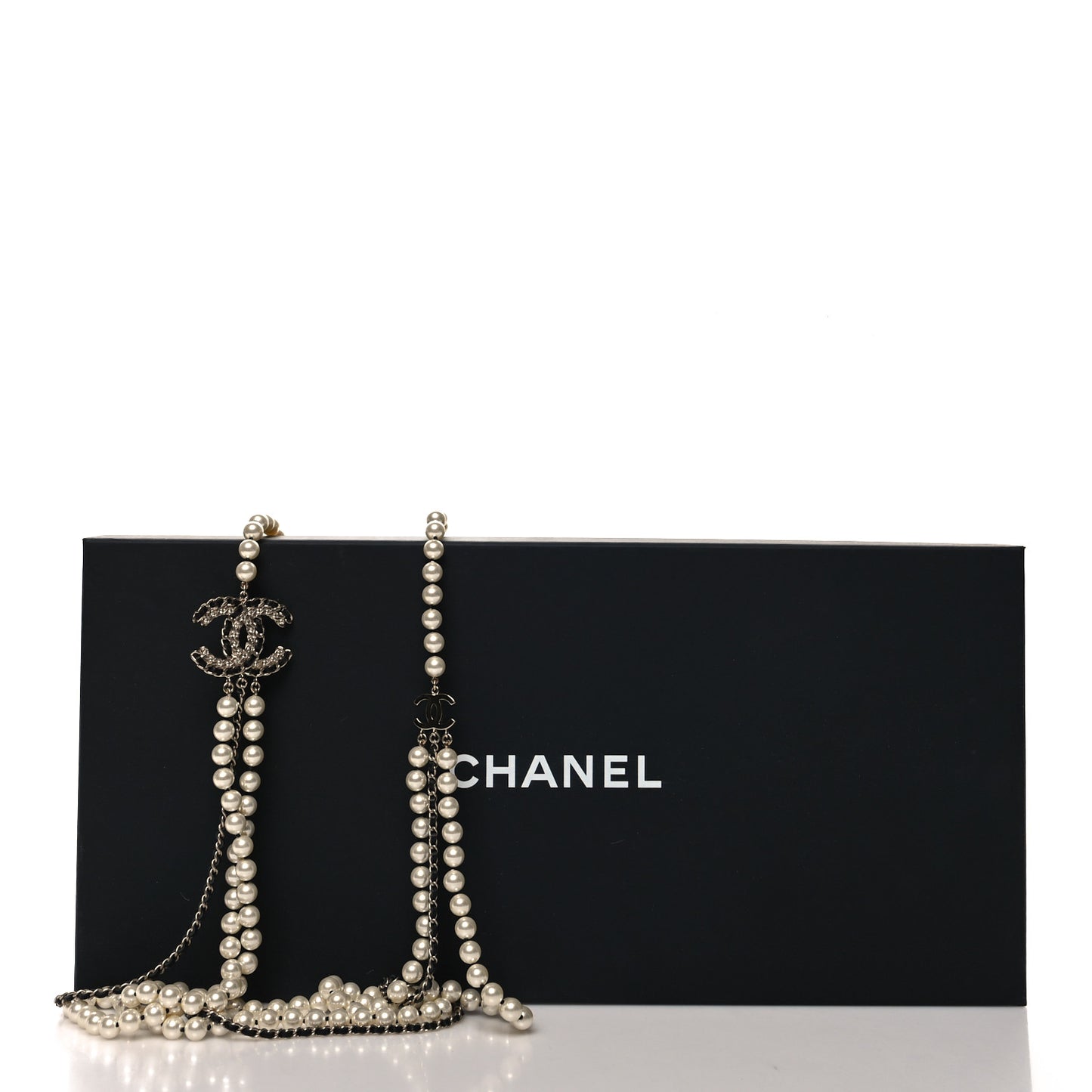 Lambskin Pearl Crystal CC Multi Strand Necklace Black Gold