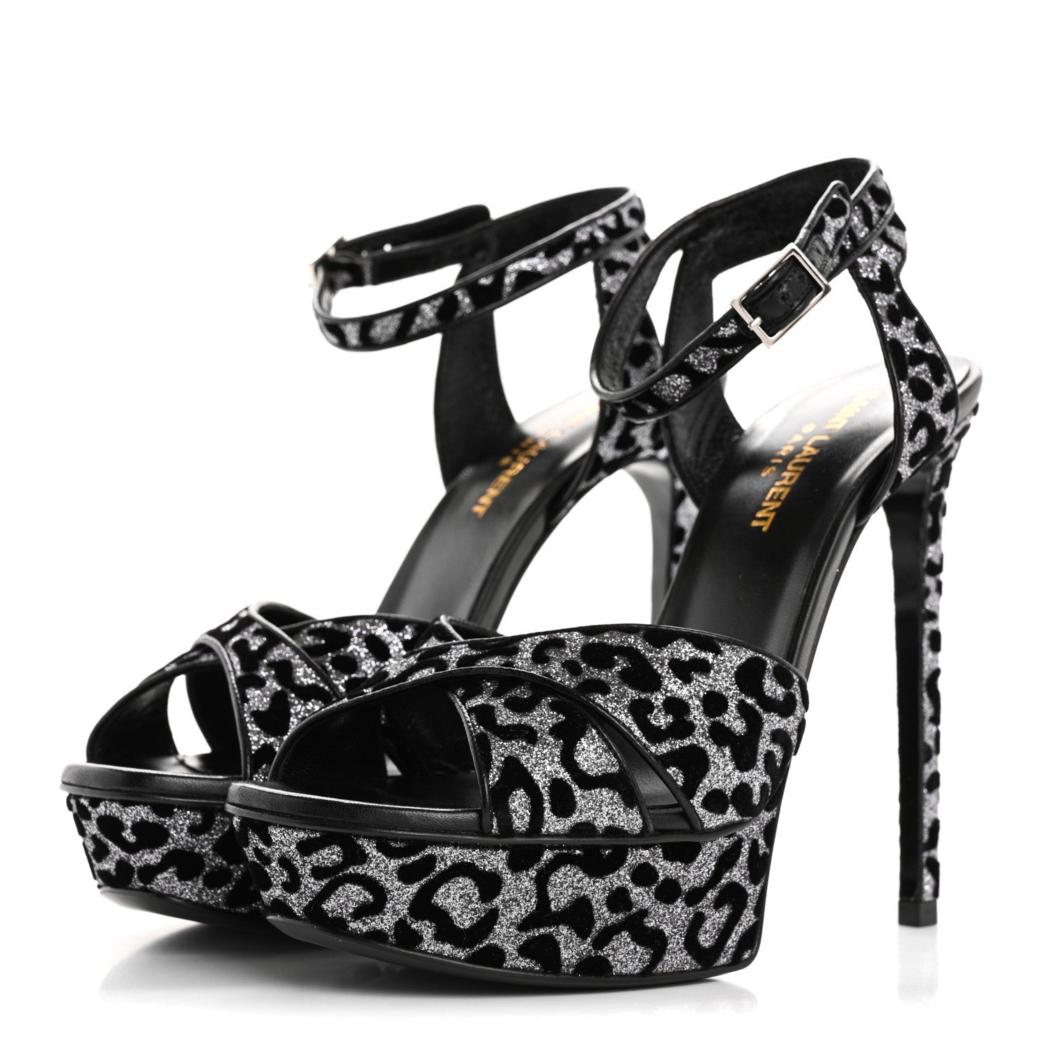 Saint Laurent Velvet Glitter Leopard Print Platform Sandals 37 Argento Black 4 of 7