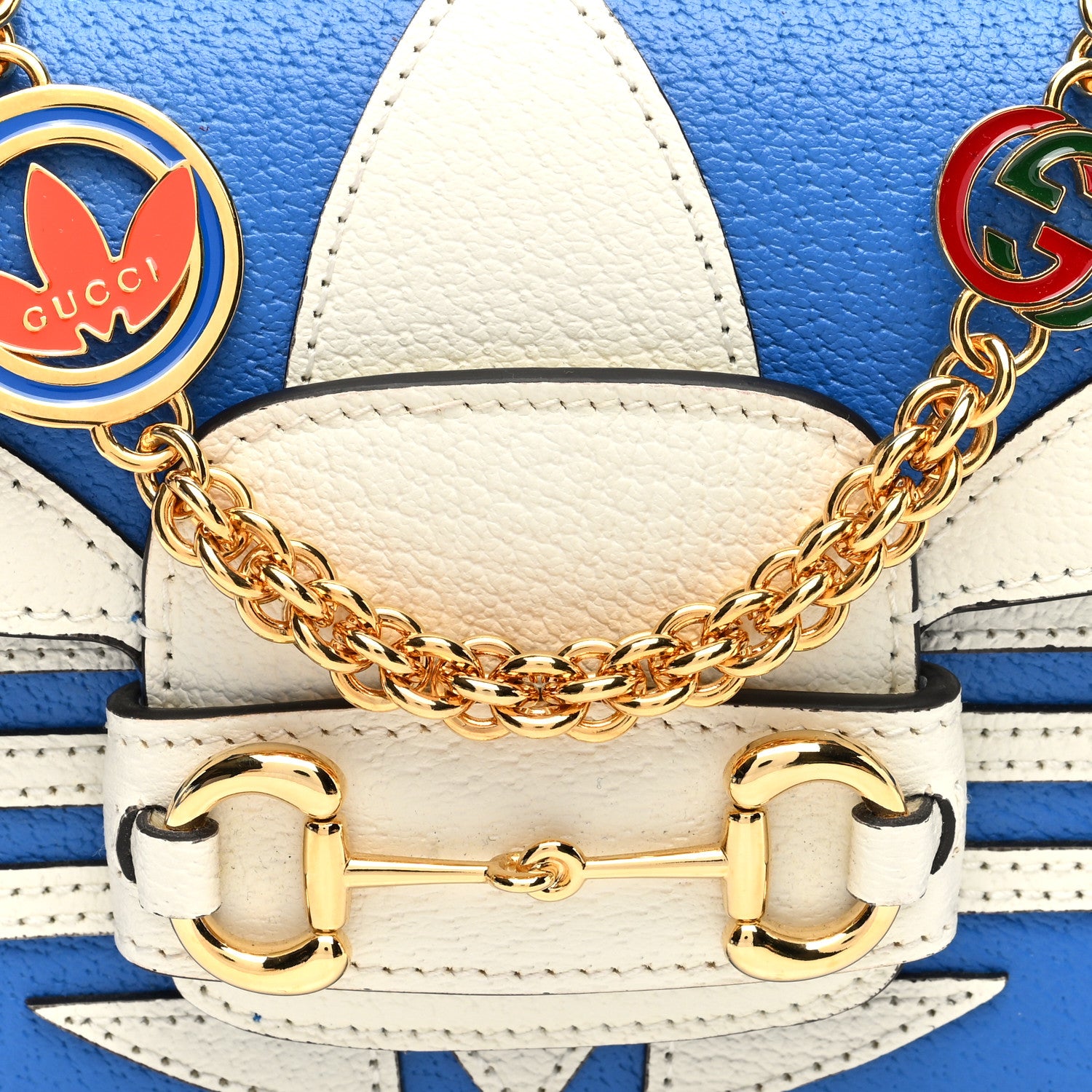 Gucci X ADIDAS Textured Dollar Calfskin Web Small Trefoil Horsebit 1955 Shoulder Bag Blue Off White 8 of 10