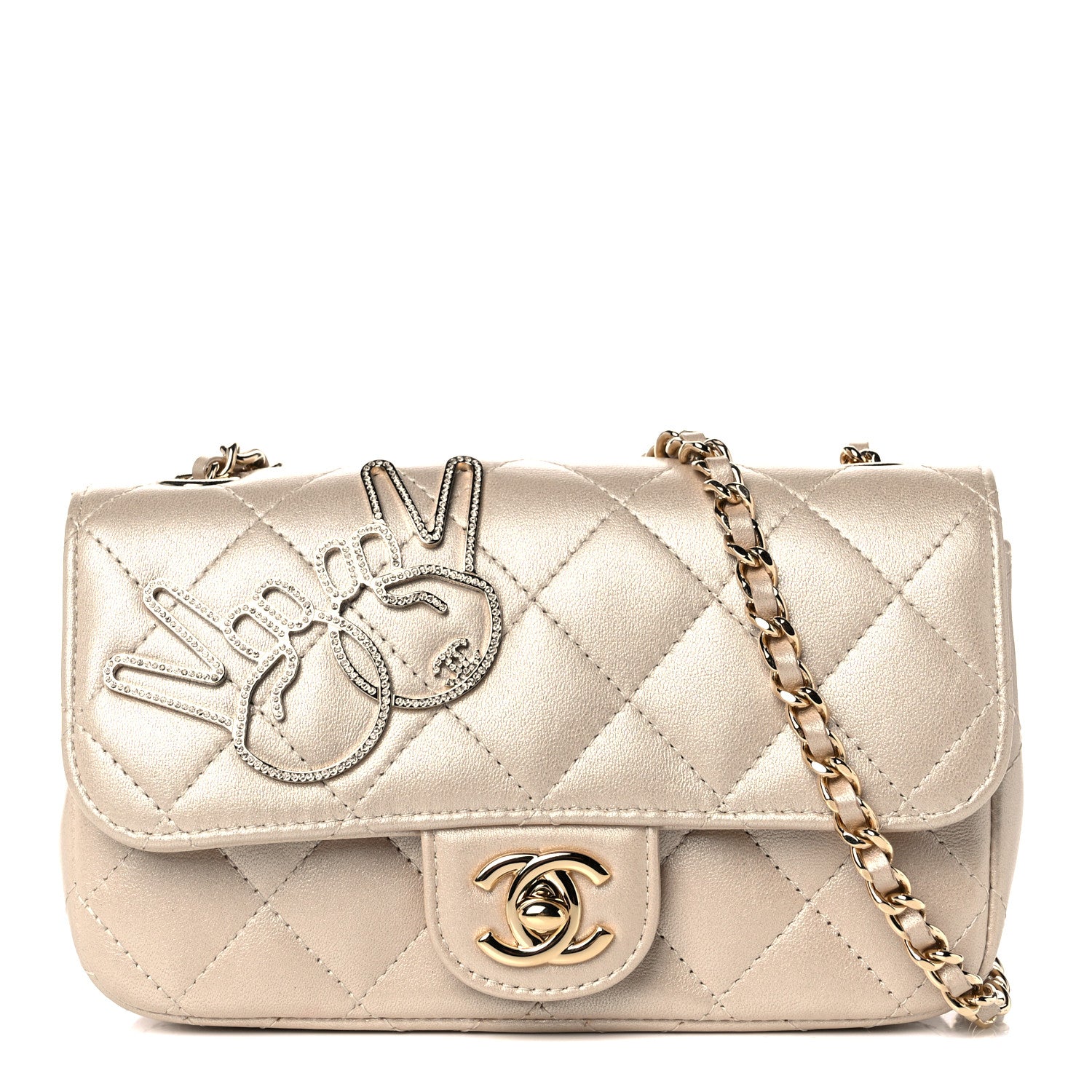 Chanel Metallic Lambskin Quilted Extra Mini V For Victory Flap Light Gold 2 of 21