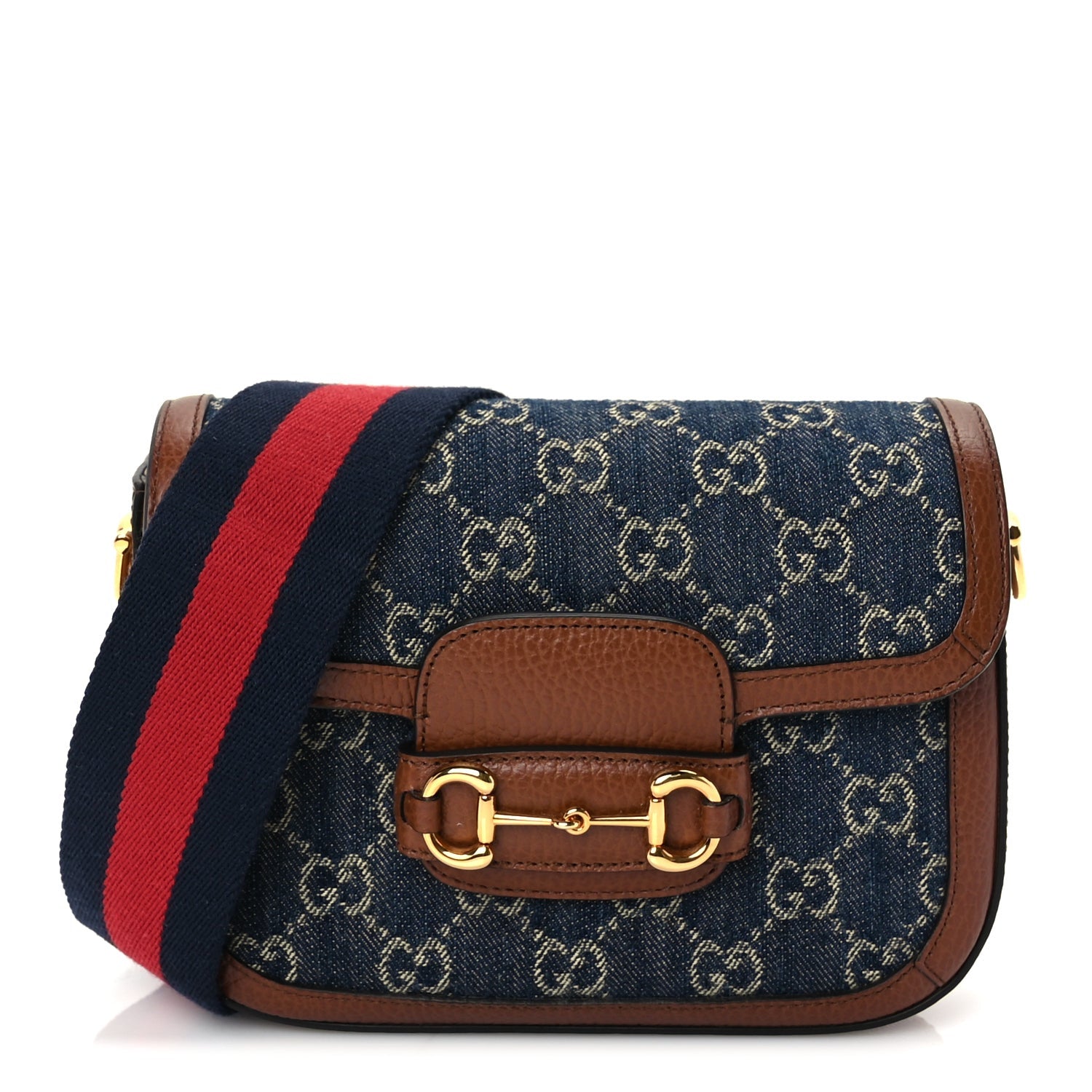 Gucci New Denim GG Monogram Dollar Calfskin Web Mini Horsebit 1955 Shoulder Bag Blue Tea Cuir Epilog 2 of 10