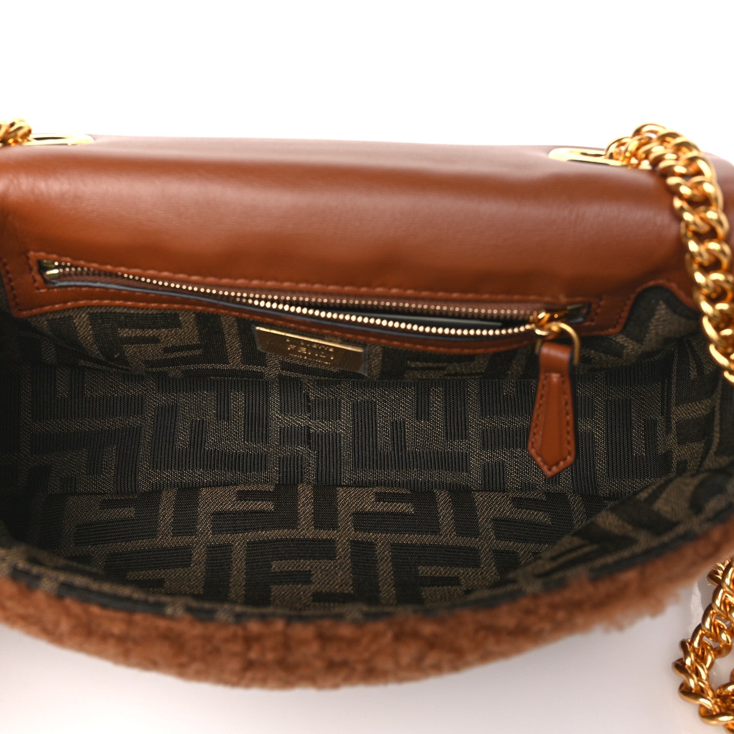 Fendi Shearling Lambskin Midi Chain Baguette Caramello 5 of 11