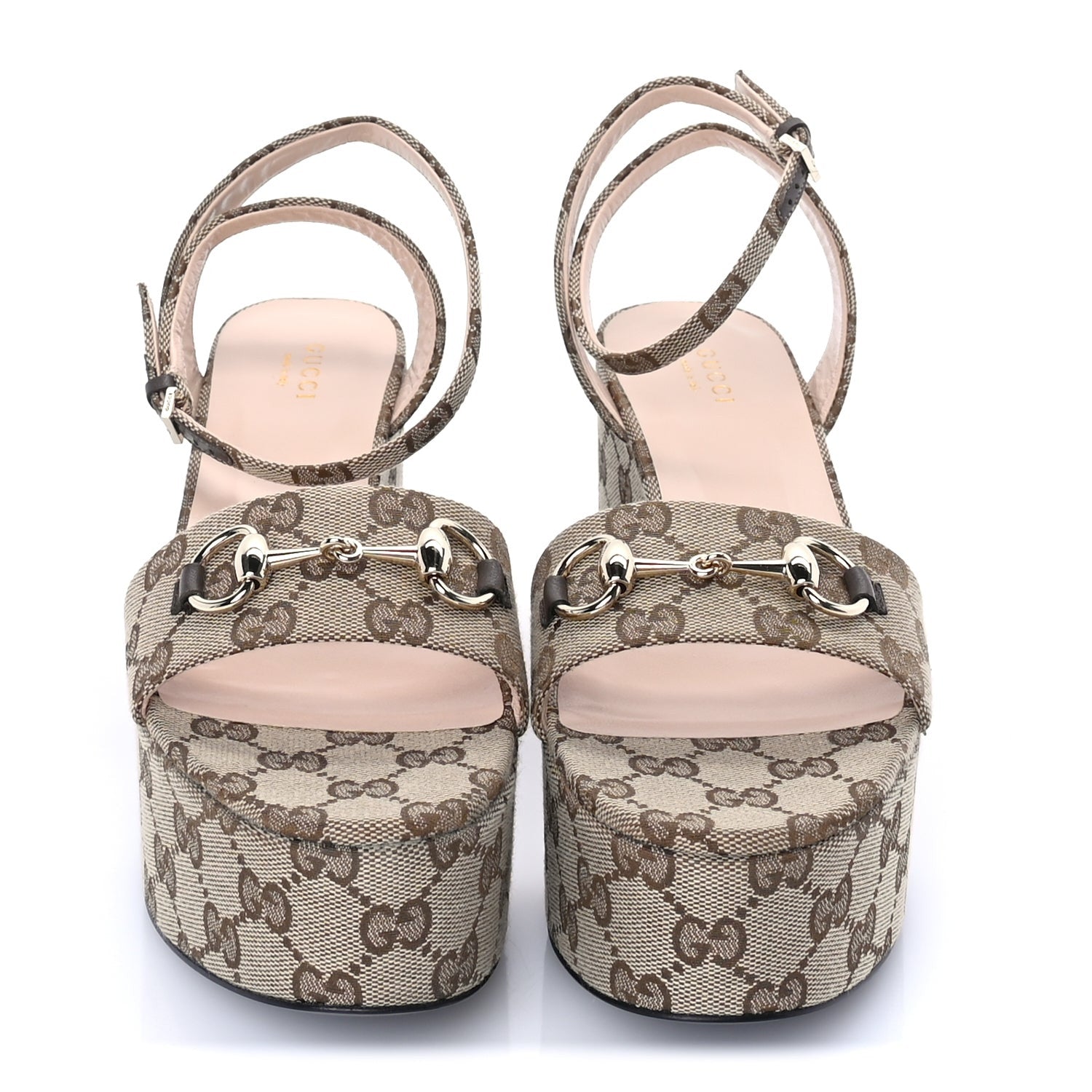 Gucci Monogram Nappa Chalotte Horsebit Ankle Strap 75mm Platform Sandals 39  Beige Ebony 3 of 7
