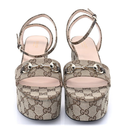 Gucci Monogram Nappa Chalotte Horsebit Ankle Strap 75mm Platform Sandals 39  Beige Ebony 3 of 7