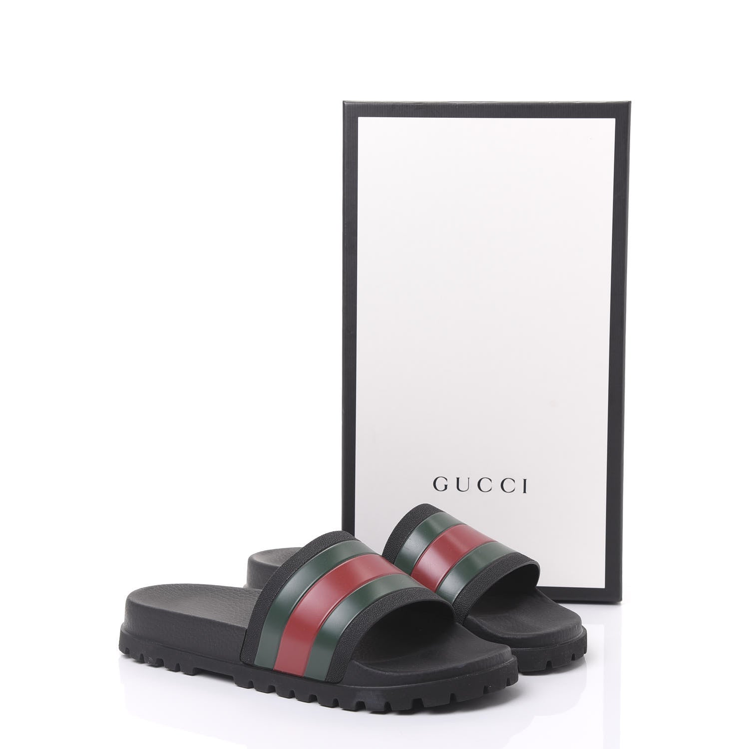 Gucci Rubber Web Mens Lug Sole Slide Sandals 9 Black Green Red 9 of 9