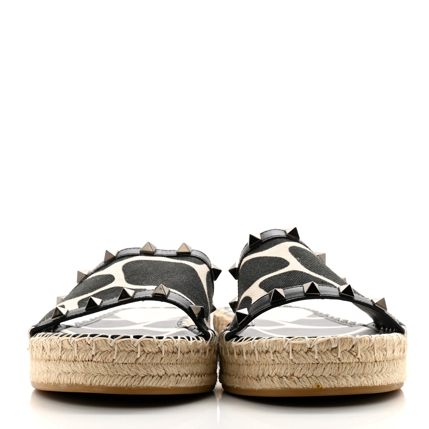 Valentino Garavani Canvas Giraffe Rockstud Espadrille Flat Slide Sandals 39 Black White 2 of 9