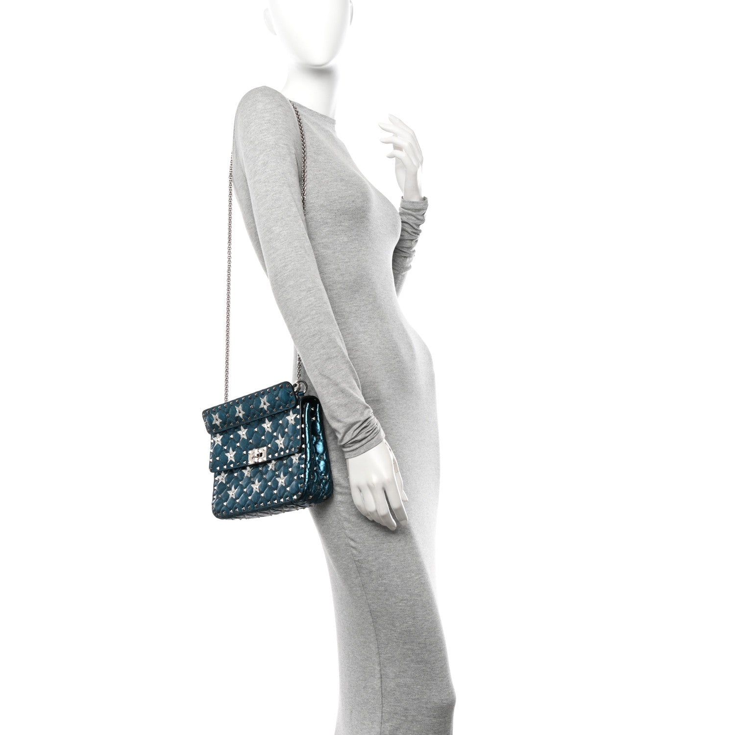 Valentino Garavani Metallic Wrinkled Lambskin Star Medium Rockstud Spike Shoulder Bag Peacock 2 of 10