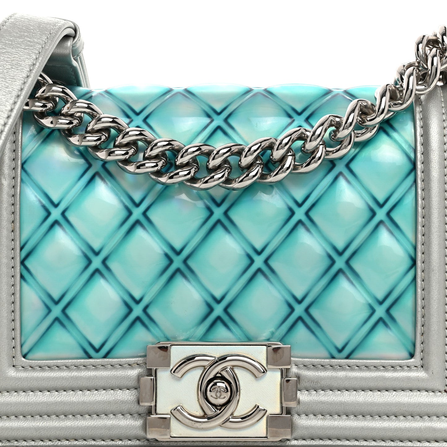 Iridescent Patent Calfskin PVC Quilted Small Boy Flap Blue