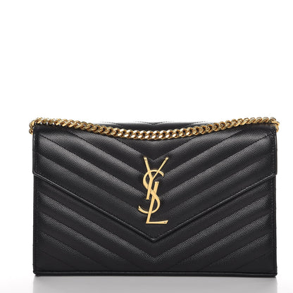 Saint Laurent Grain De Poudre Matelasse Chevron Monogram Chain Wallet Black 1 of 8