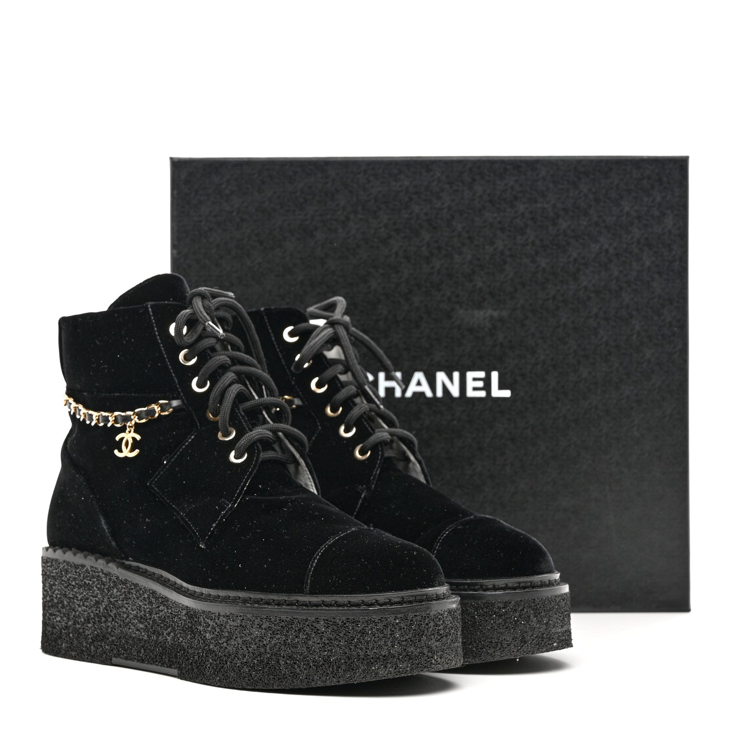 Velvet Chain Lace Up CC Short Boots 38.5 Black