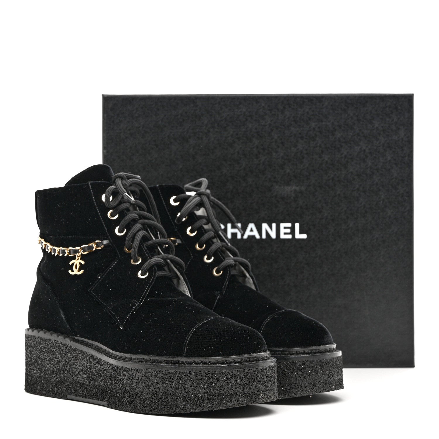 Chanel Velvet Chain Lace Up CC Short Boots 38.5 Black 9 of 9