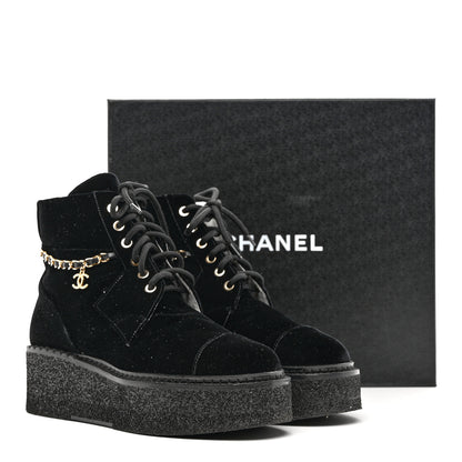 Chanel Velvet Chain Lace Up CC Short Boots 38.5 Black 9 of 9