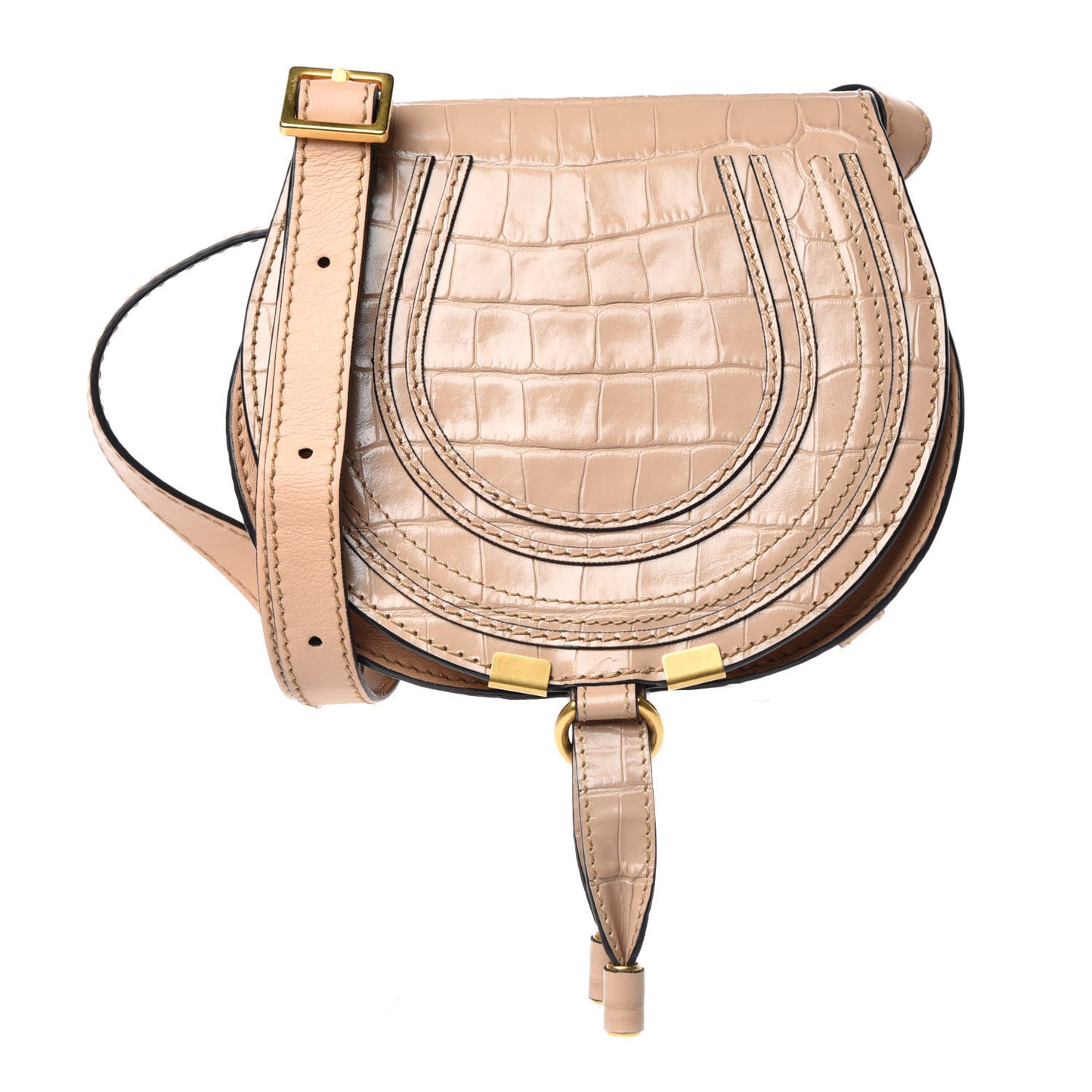 Calfskin Crocodile Embossed Mini Marcie Round Crossbody Bag Nut
