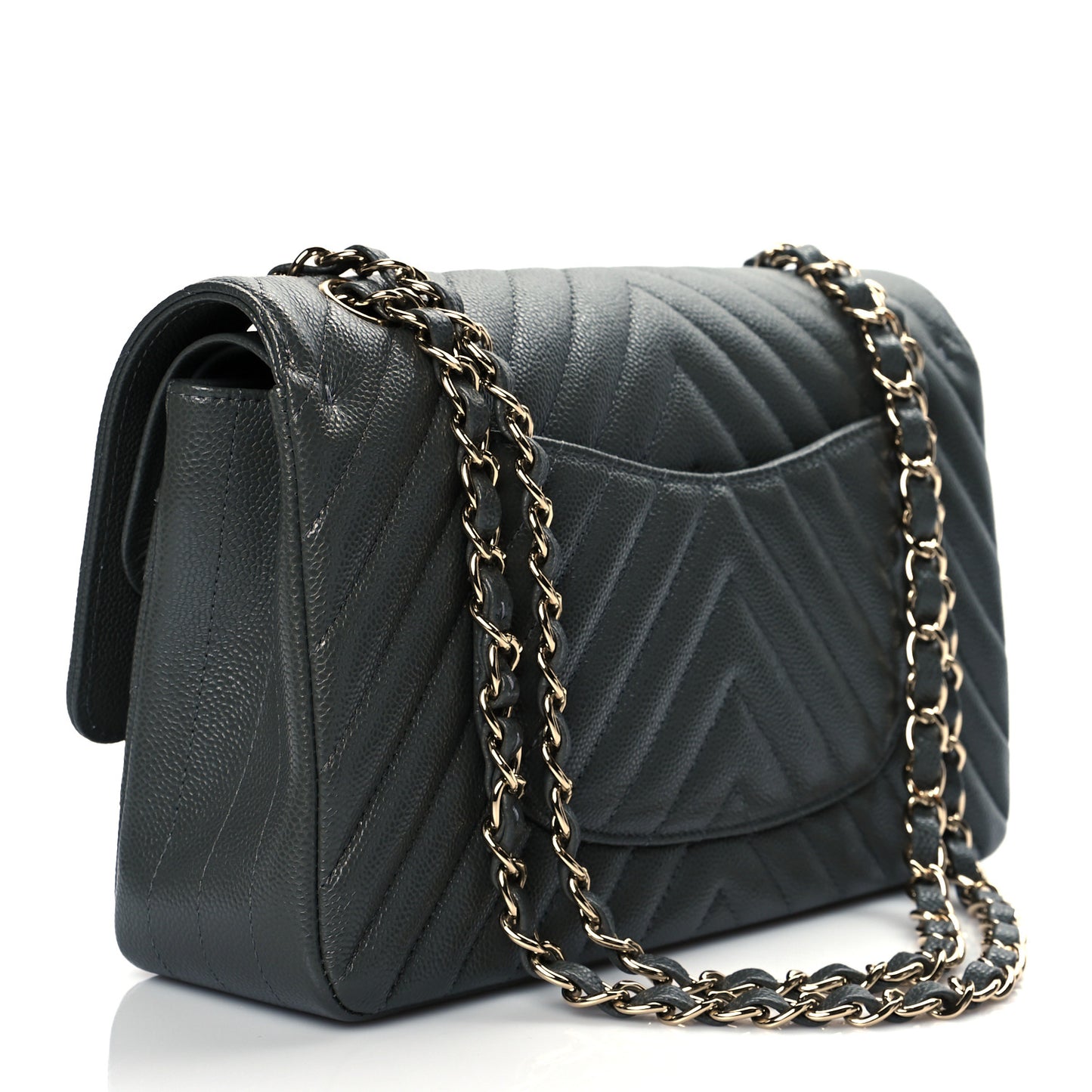 Caviar Chevron Quilted Medium Double Flap Dark Grey