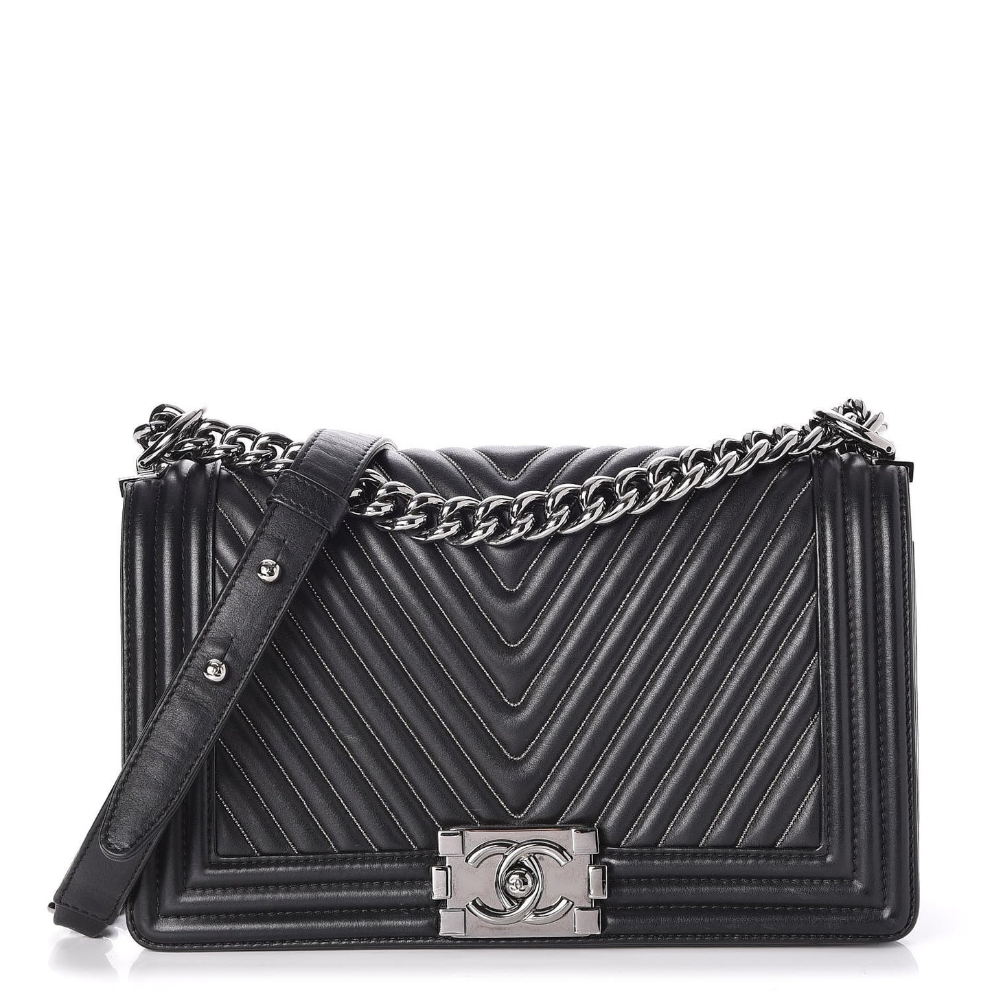 Calfskin Chevron Quilted Medium Chain Boy Flap Black