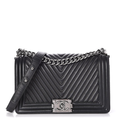 Chanel Calfskin Chevron Quilted Medium Chain Boy Flap Black 1 of 7