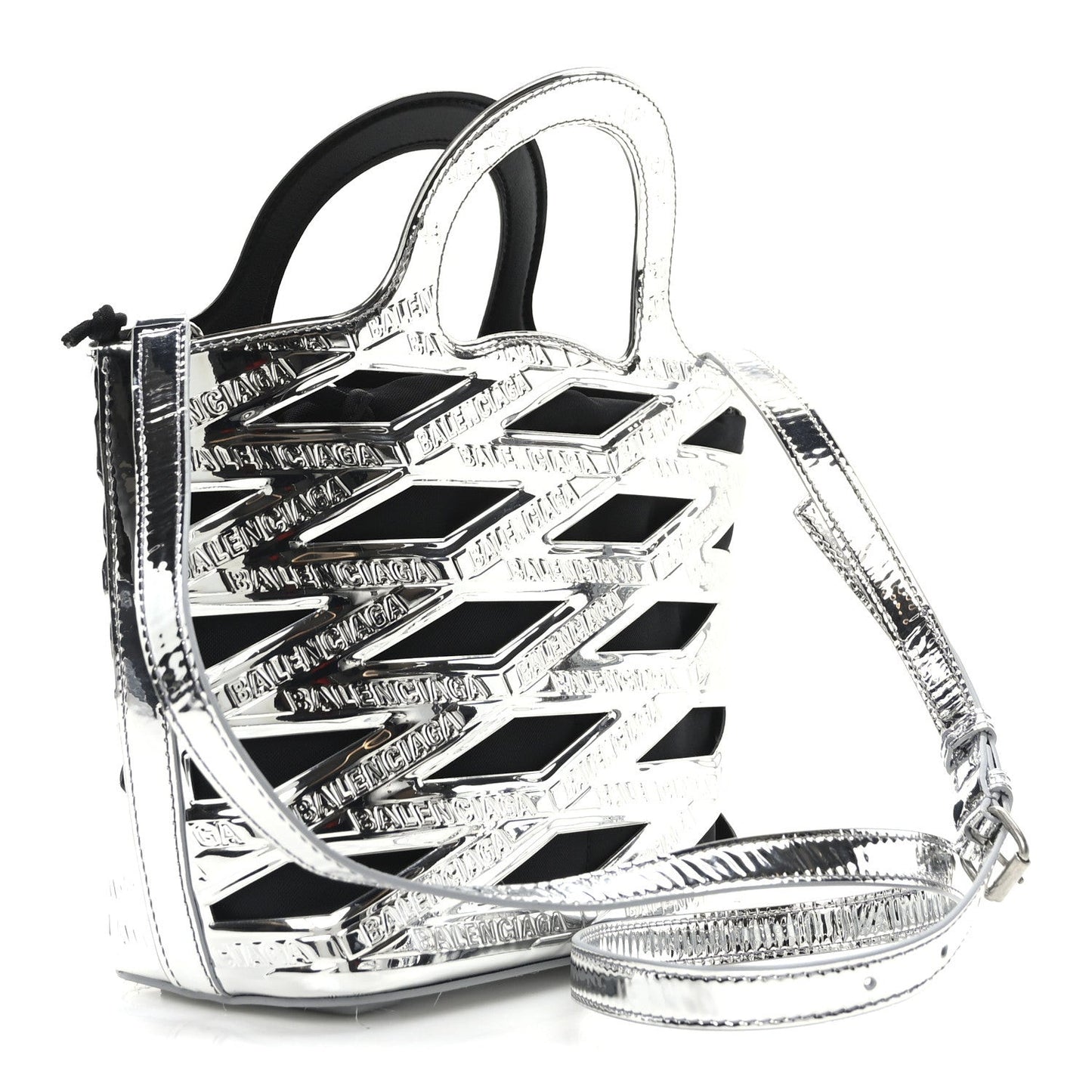 Patent Metallic Calfskin Small Neo Basket Tote Silver