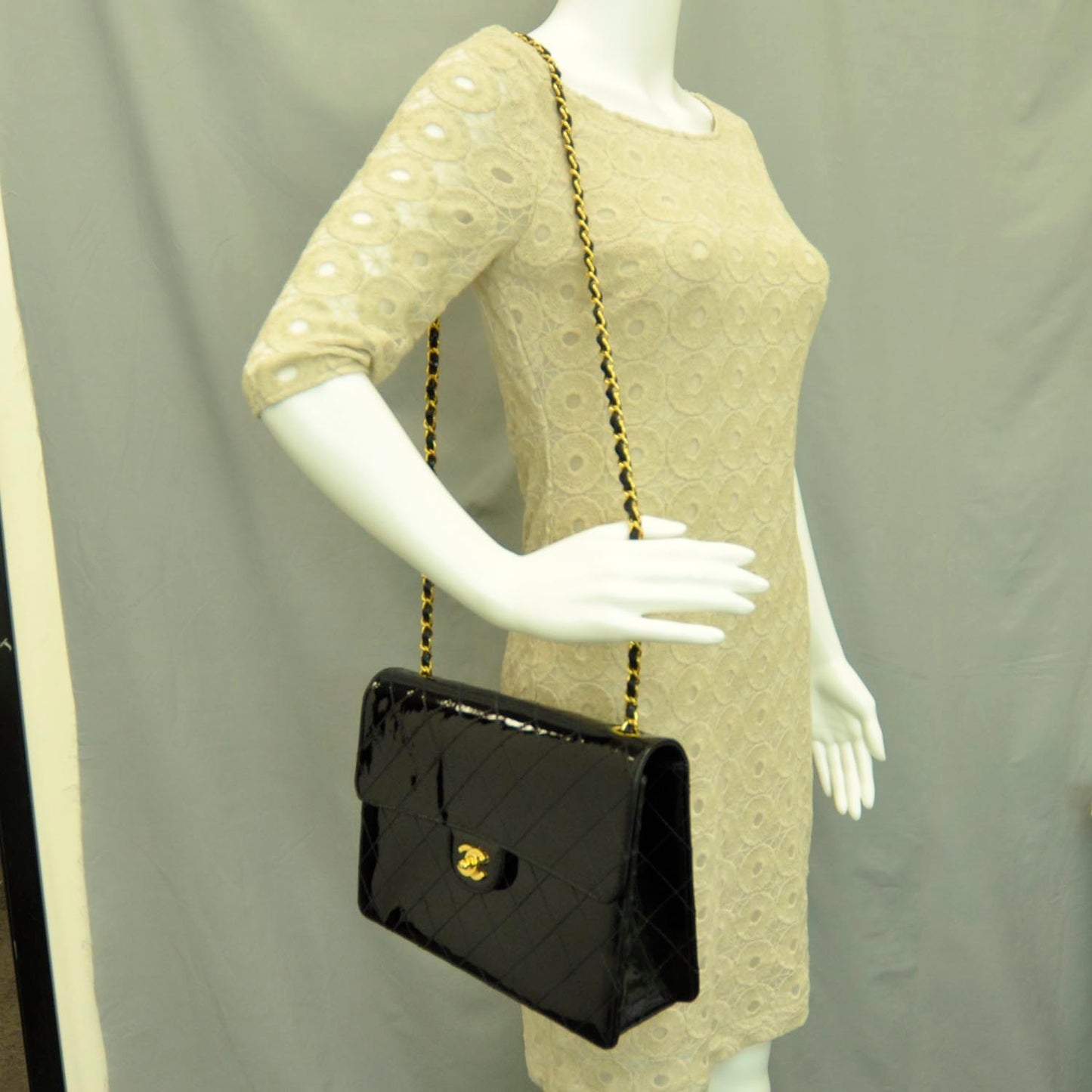 Patent Diamond Stitched Jumbo Flap Black