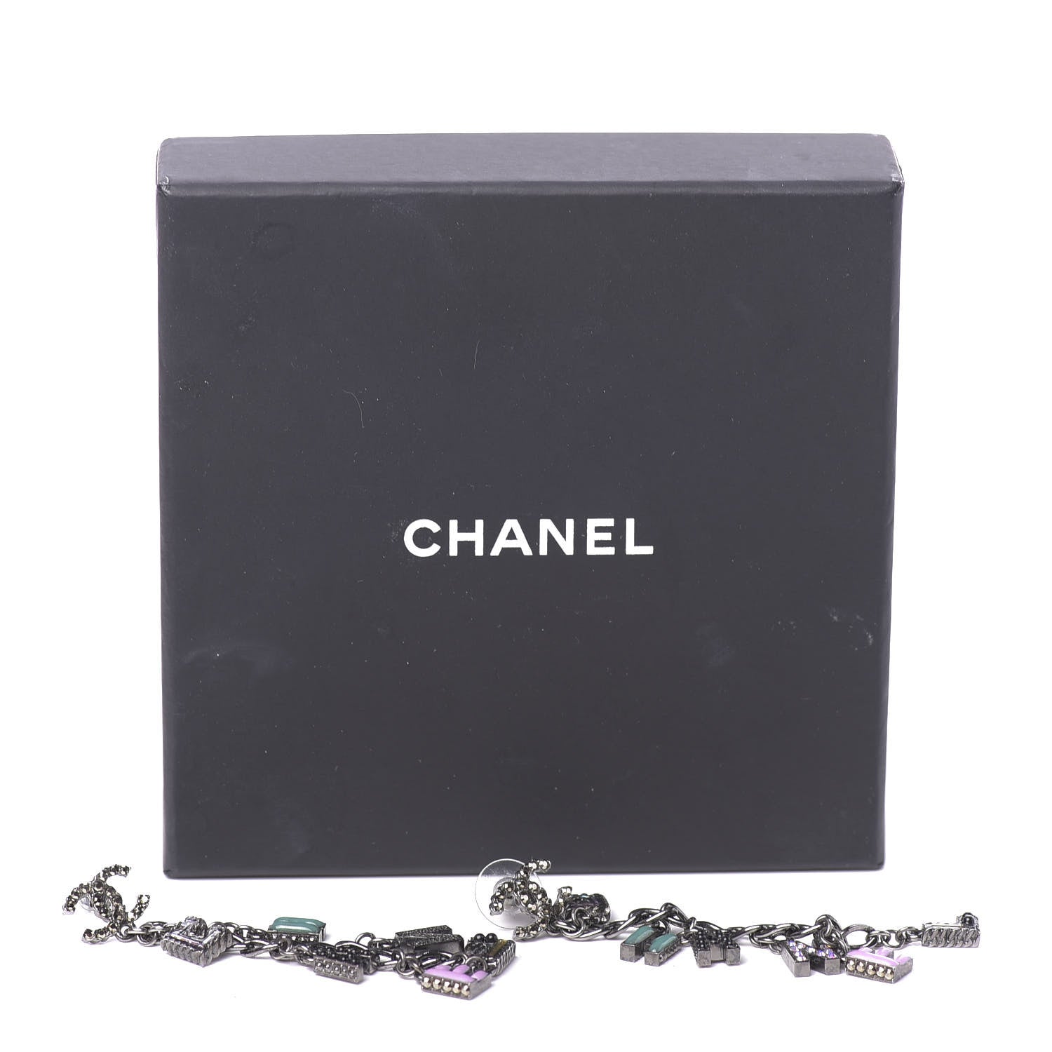 Chanel Crystal Enamel Logo Chain Drop Earrings Silver 3 of 6