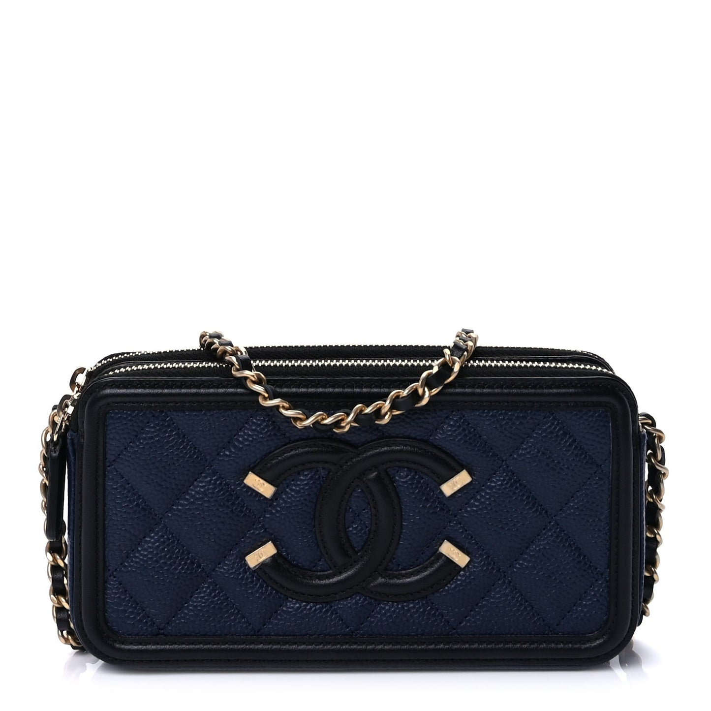 Caviar Quilted CC Filigree Clutch With Chain  Navy Black