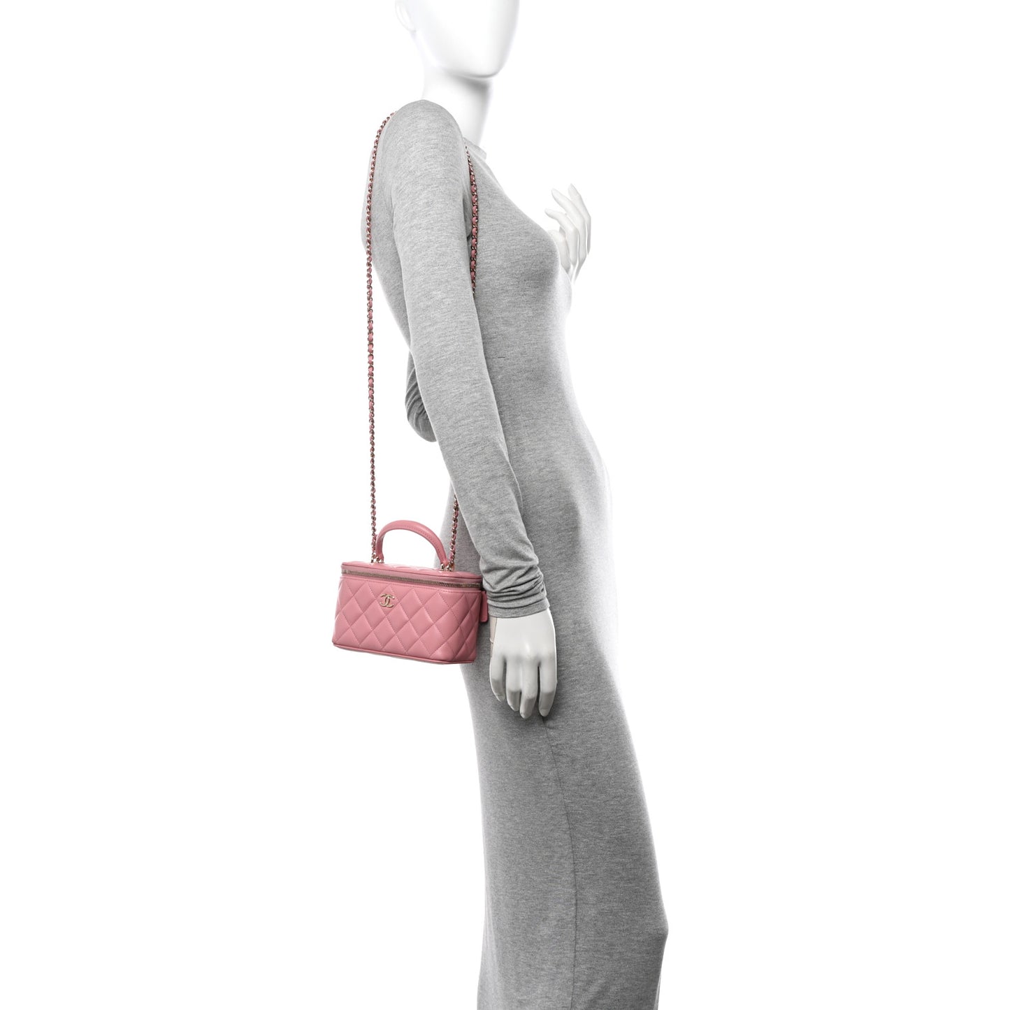 Lambskin Quilted Small Top Handle Vanity Case With Chain Dark Pink